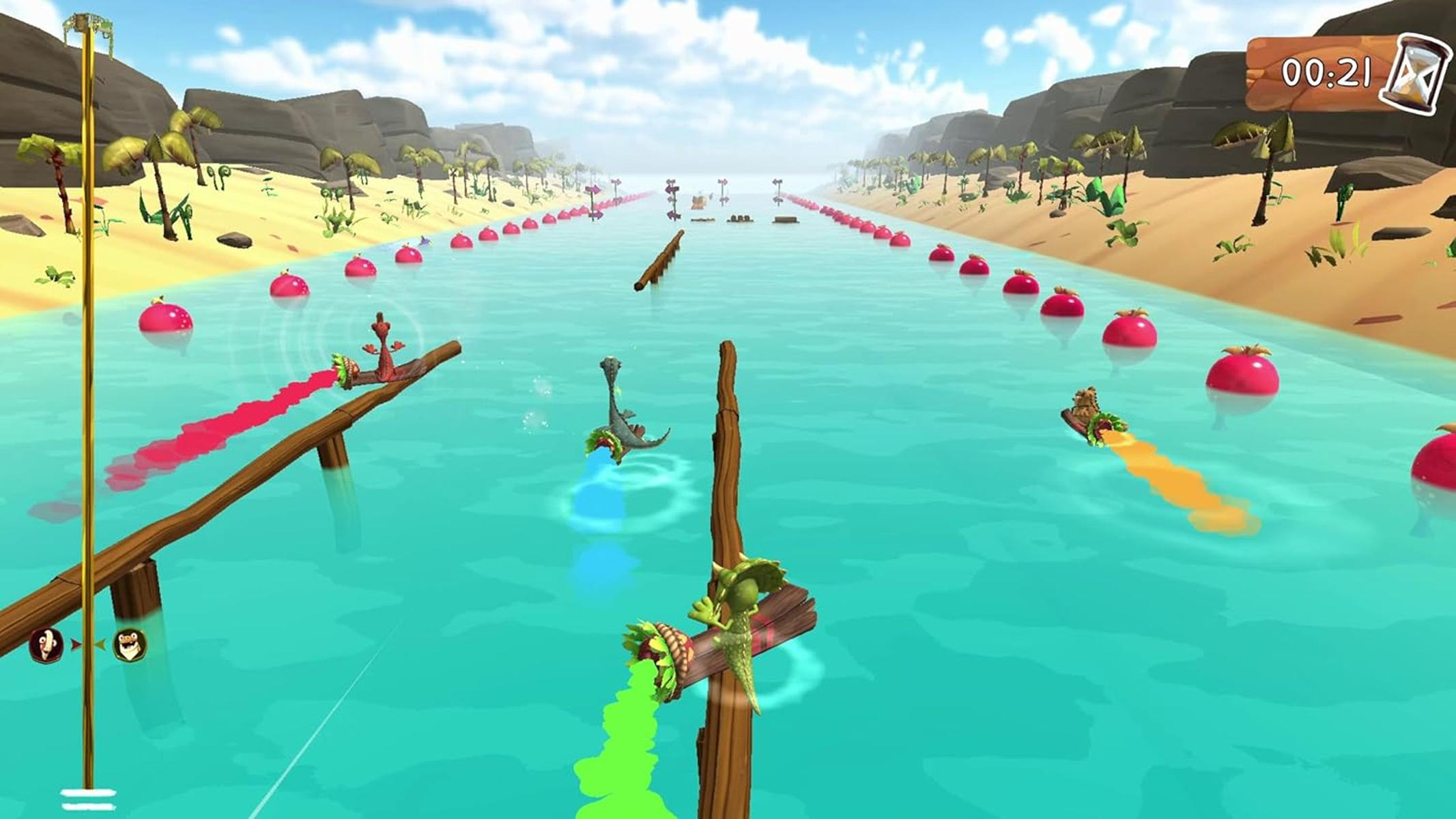 Une scène de jeu de dessin animé avec une rivière, des obstacles et des personnages. Des palmiers et une minuterie sont en arrière-plan. La rivière est remplie d'objets rouges en forme de pomme.