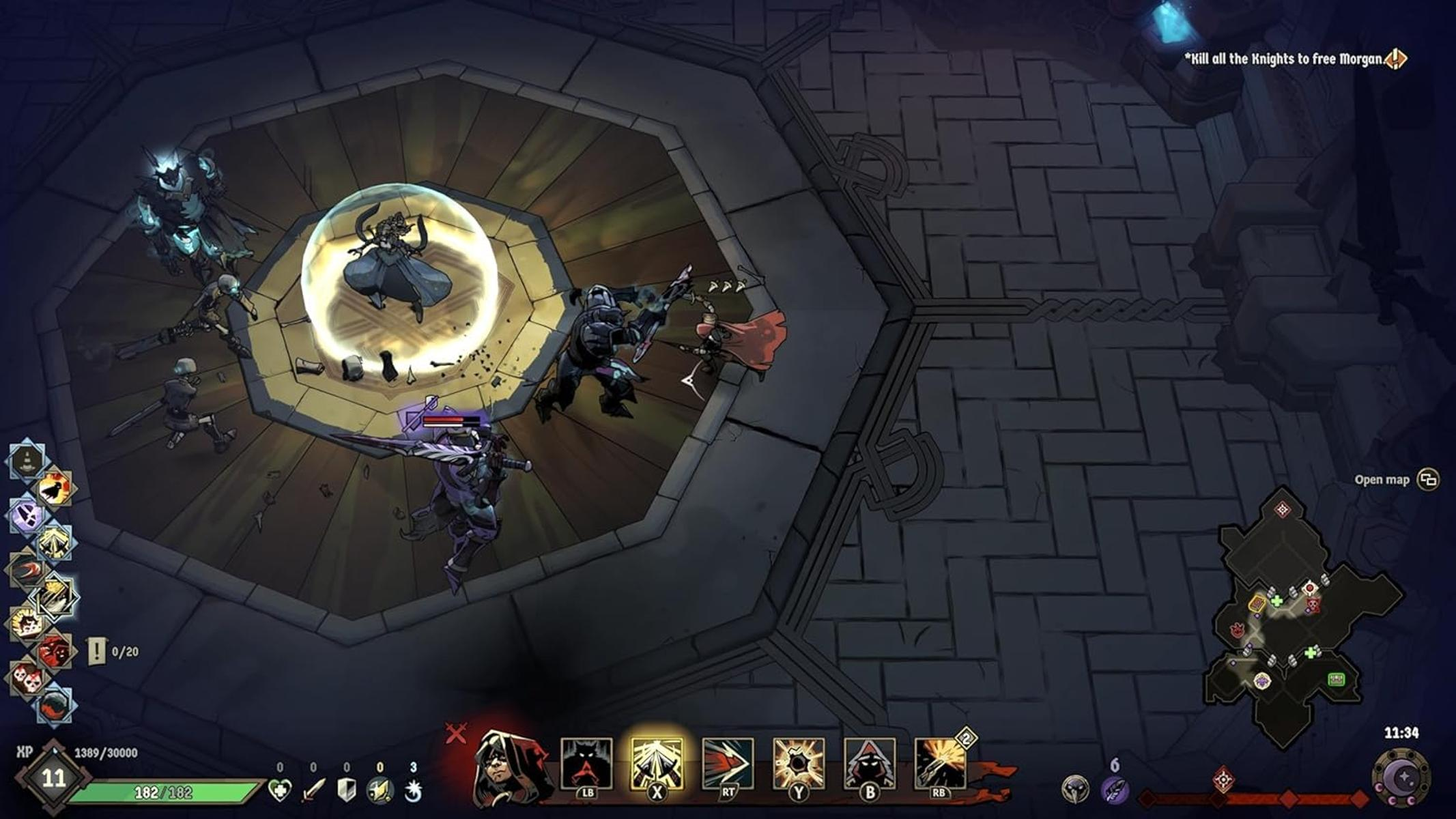 Vue isométrique d'une scène de jeu. Des personnages se battent dans une zone circulaire. Un personnage dans une bulle. Éléments d'interface utilisateur visibles.