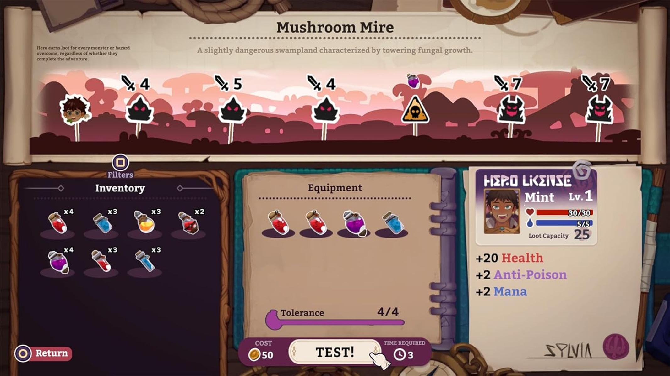 Ein Spielbildschirm mit dem Titel Mushroom Mire. Zeigt Inventar, Heldenlizenz und Ausrüstung. Verschiedene Symbole und Text sind sichtbar.