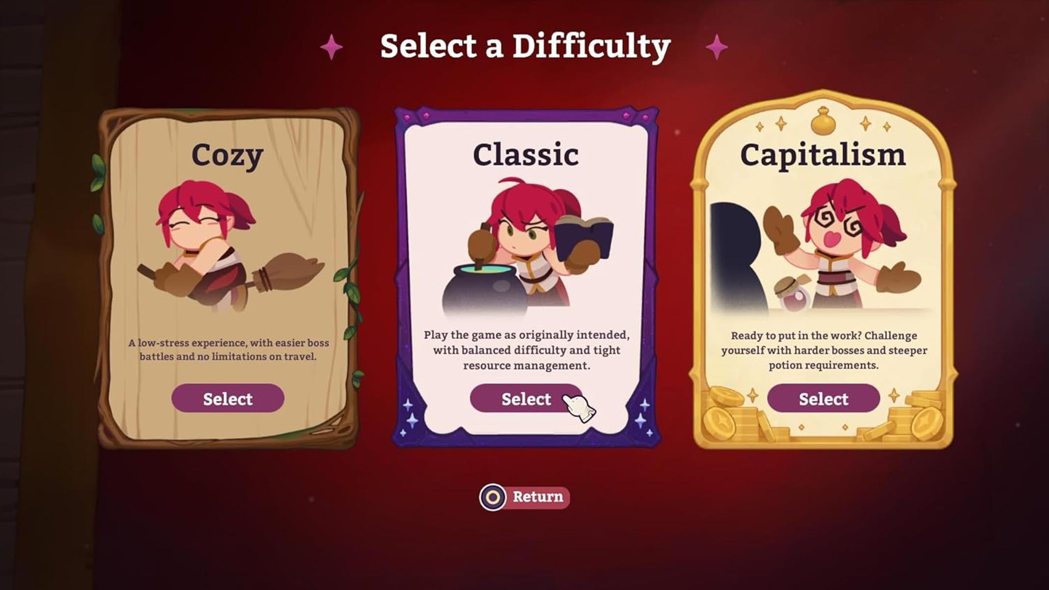 Spielmenü mit drei Schwierigkeitsstufen: Cozy, Classic und Capitalism. Jedes zeigt einen Charakter mit Text und einer 'Auswählen'-Schaltfläche.