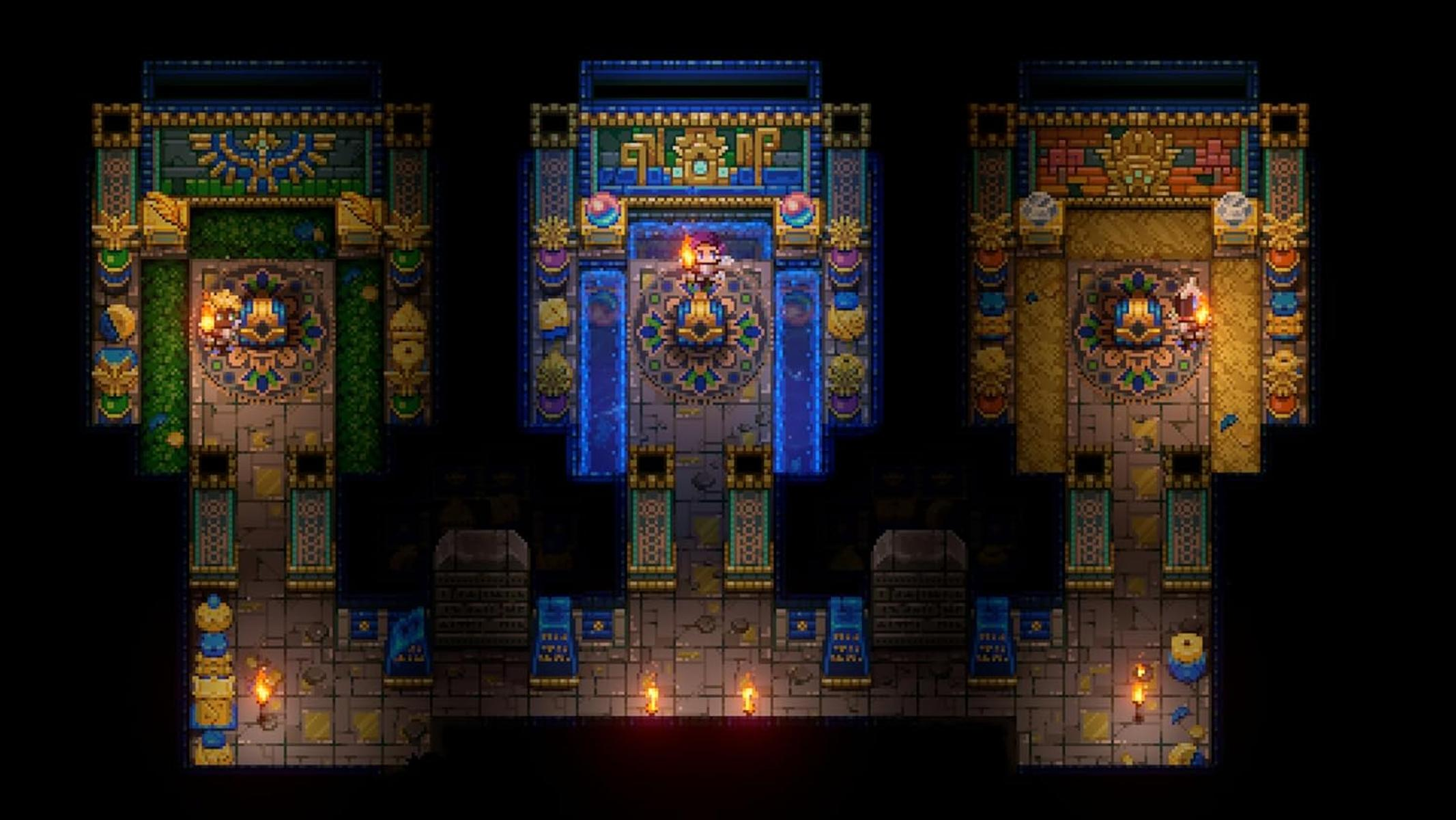 Pixeliger Tempelinnenraum mit drei Kammern. Jede hat eine zentrale Plattform, Fackeln und verzierte Dekorationen in Grün, Blau und Gold.