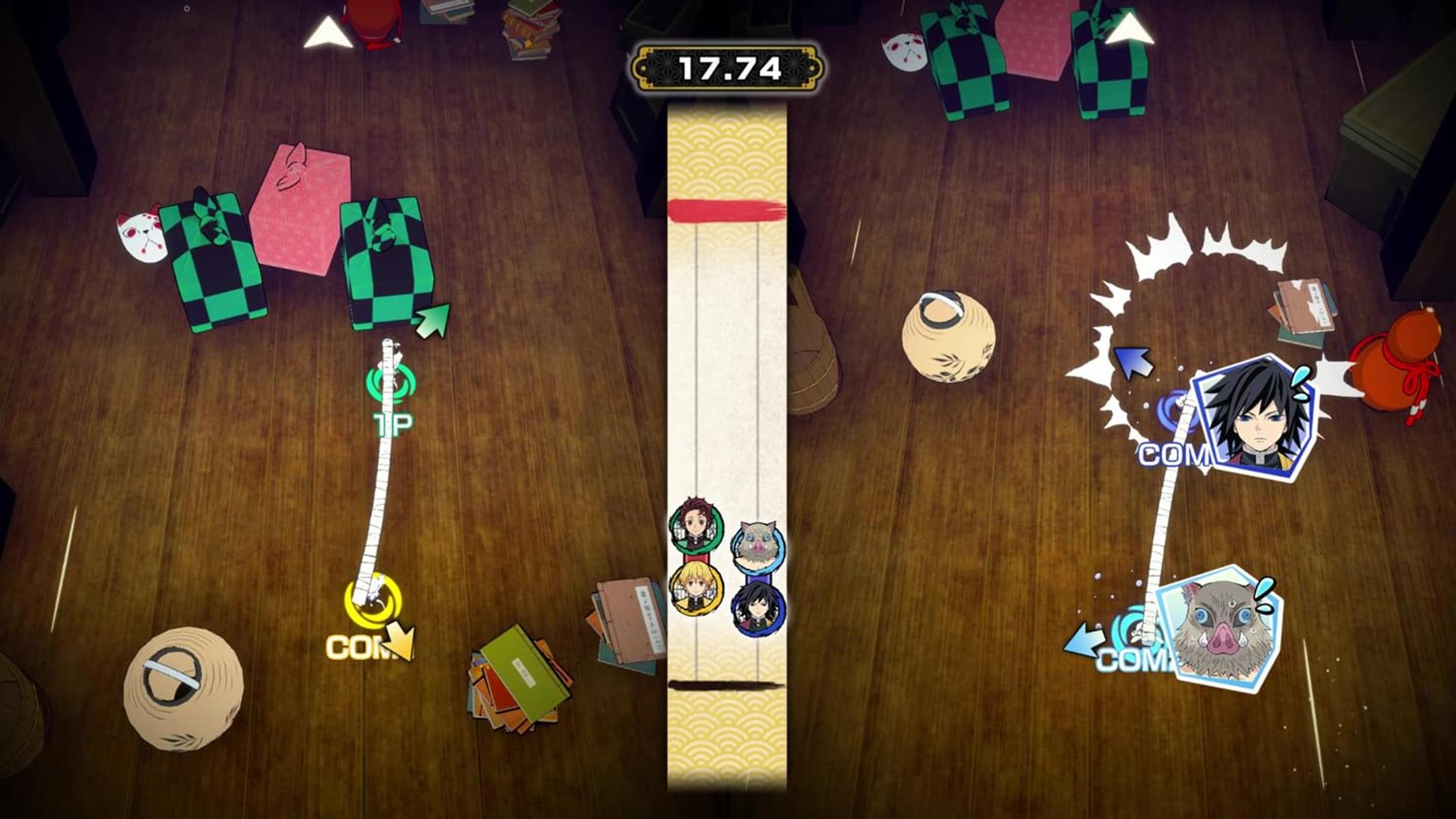 Une scène de jeu avec des icônes de personnages, un compteur et des objets sur une surface en bois. Les graphiques incluent des masques et une gourde.