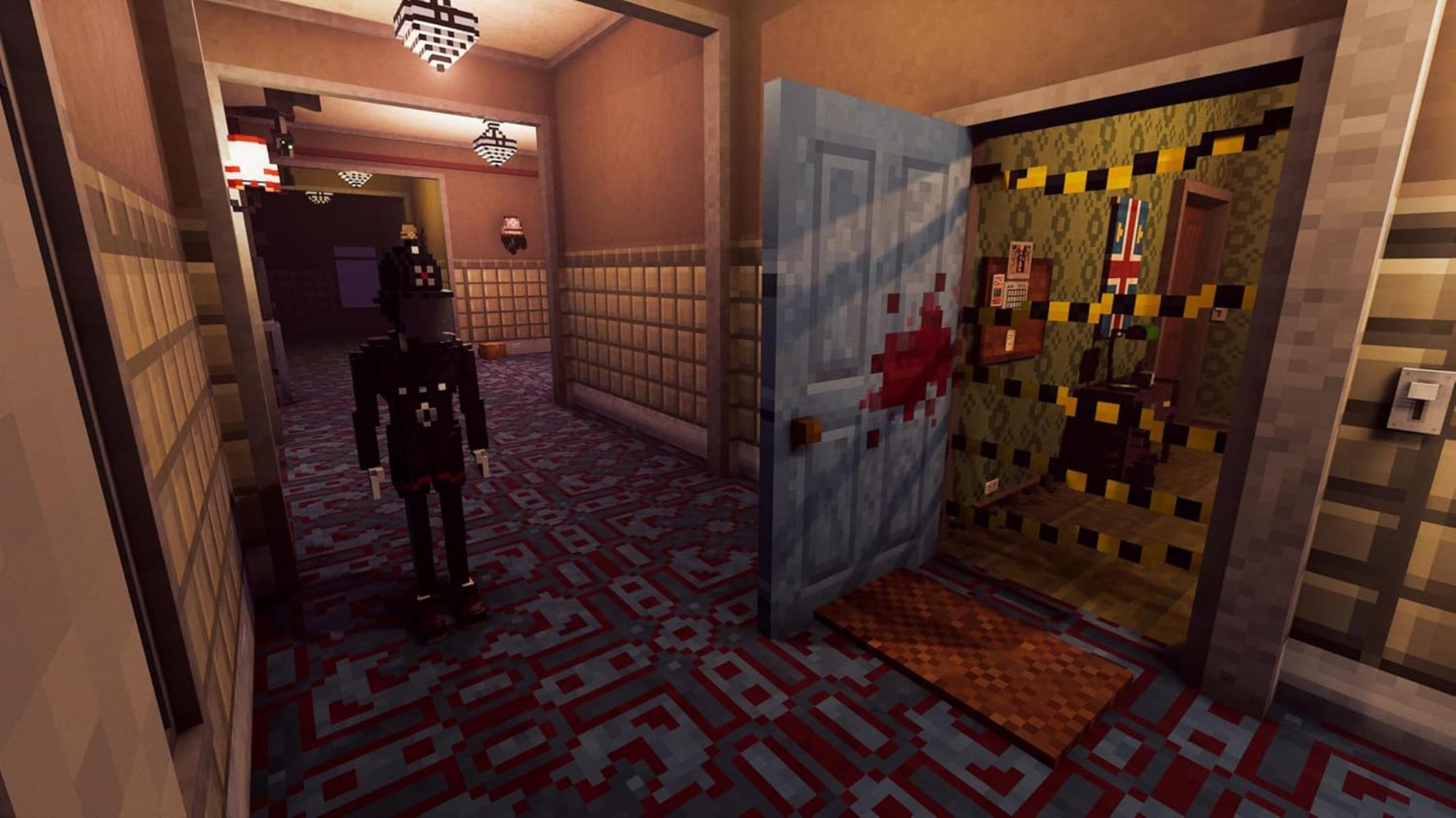 Eine Minecraft-Szene zeigt einen Flur mit einer Figur, einer Tür mit Blut und Absperrband. Der Union Jack ist im Raum sichtbar.