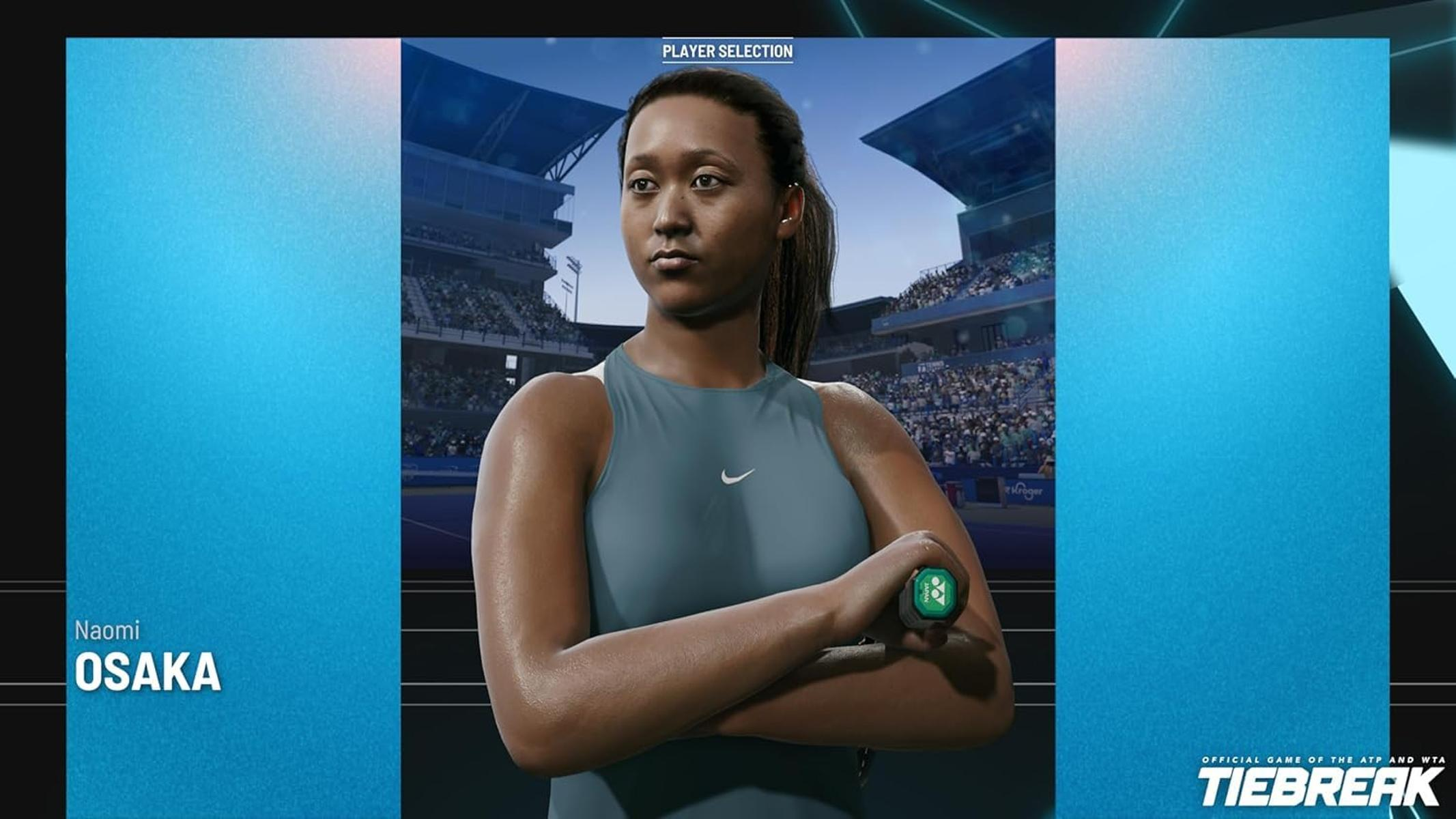 Naomi Osaka in Tennis-Outfit, mit Schläger. Ein Nike-Logo ist sichtbar. Im Hintergrund ein Stadion und das Tiebreak-Logo.
