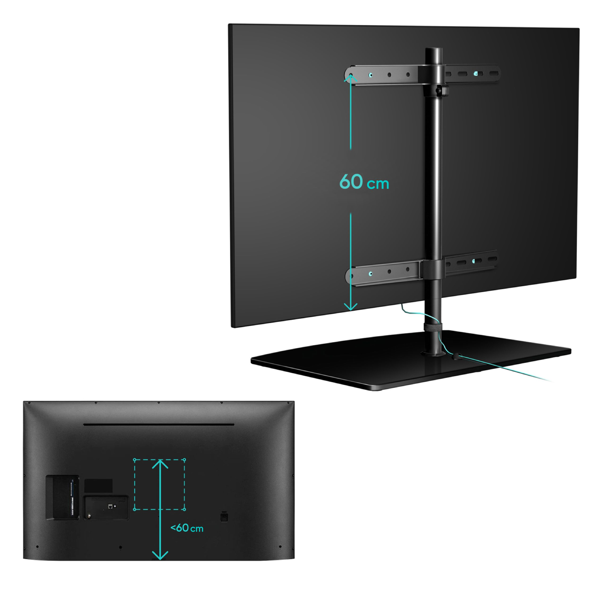 Uno schermo TV nero è montato su un supporto. Mostra il retro della TV con una staffa e misure di 60 cm e meno di 60 cm.