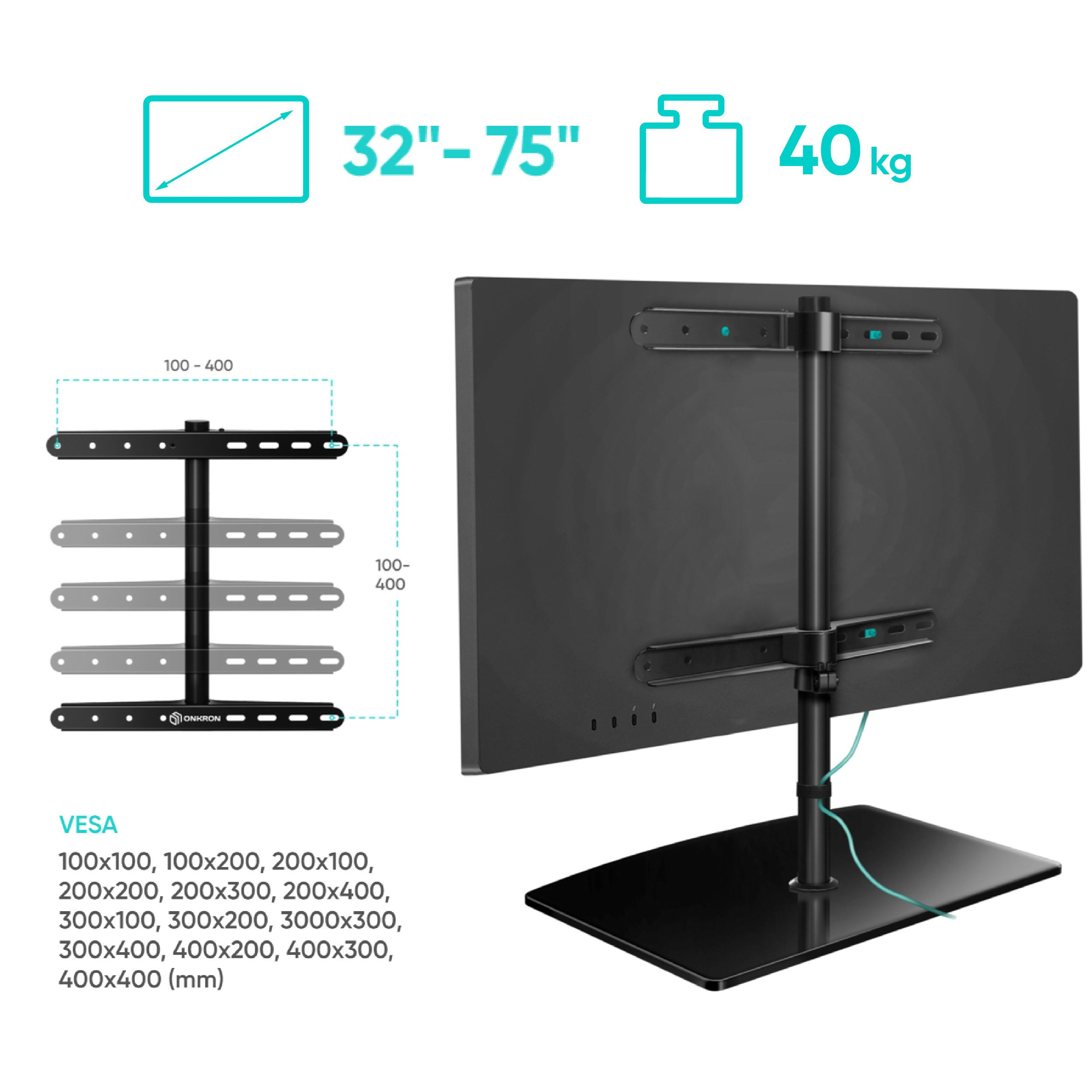 Una TV nera su un supporto, con specifiche di dimensioni e peso visualizzate. Sono elencati anche gli standard VESA.