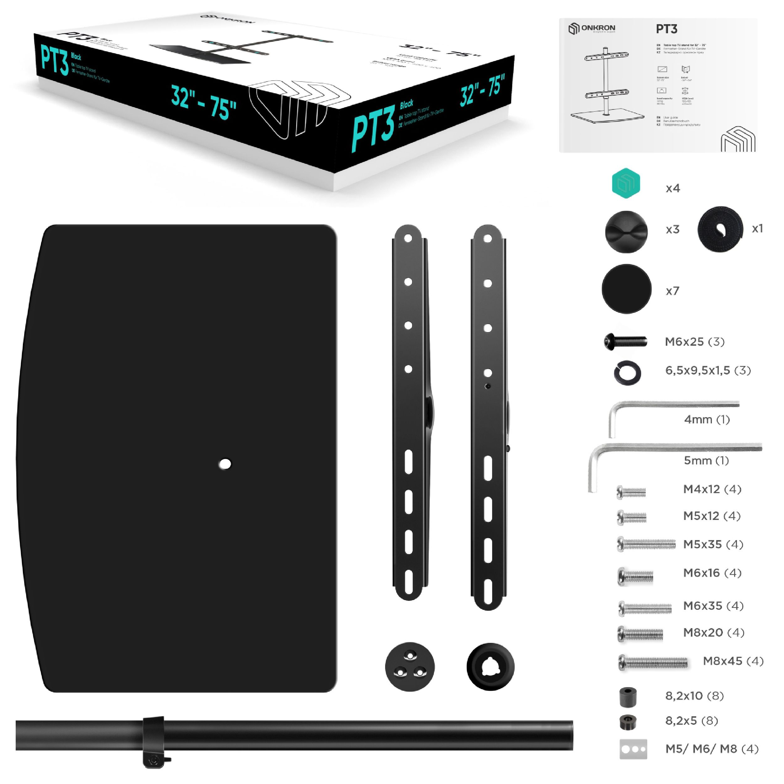 L'immagine mostra un kit per supporto TV con parti, tra cui una base, staffe, viti e una scatola con etichetta 'PT3'.