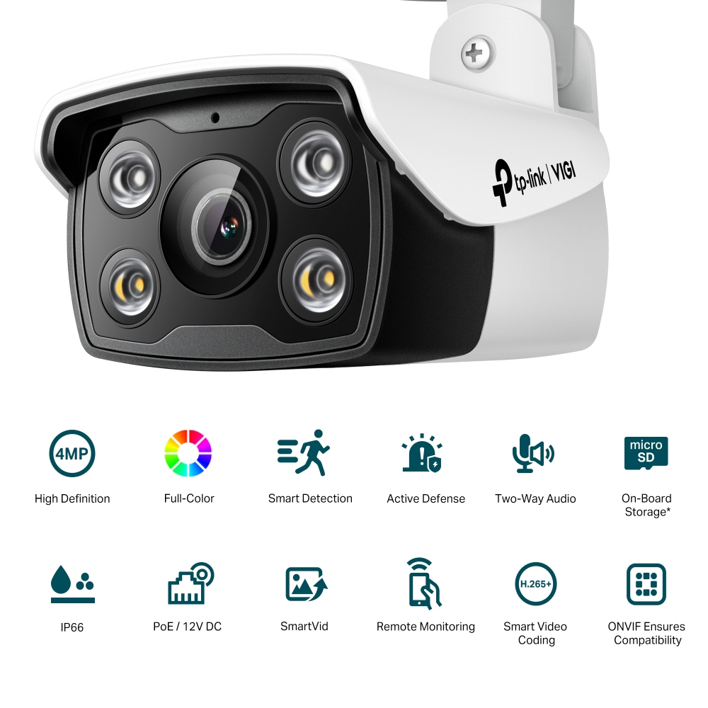 Cámara de seguridad blanca y negra con cuatro luces y una lente. Incluye alta definición, detección inteligente y monitoreo remoto.