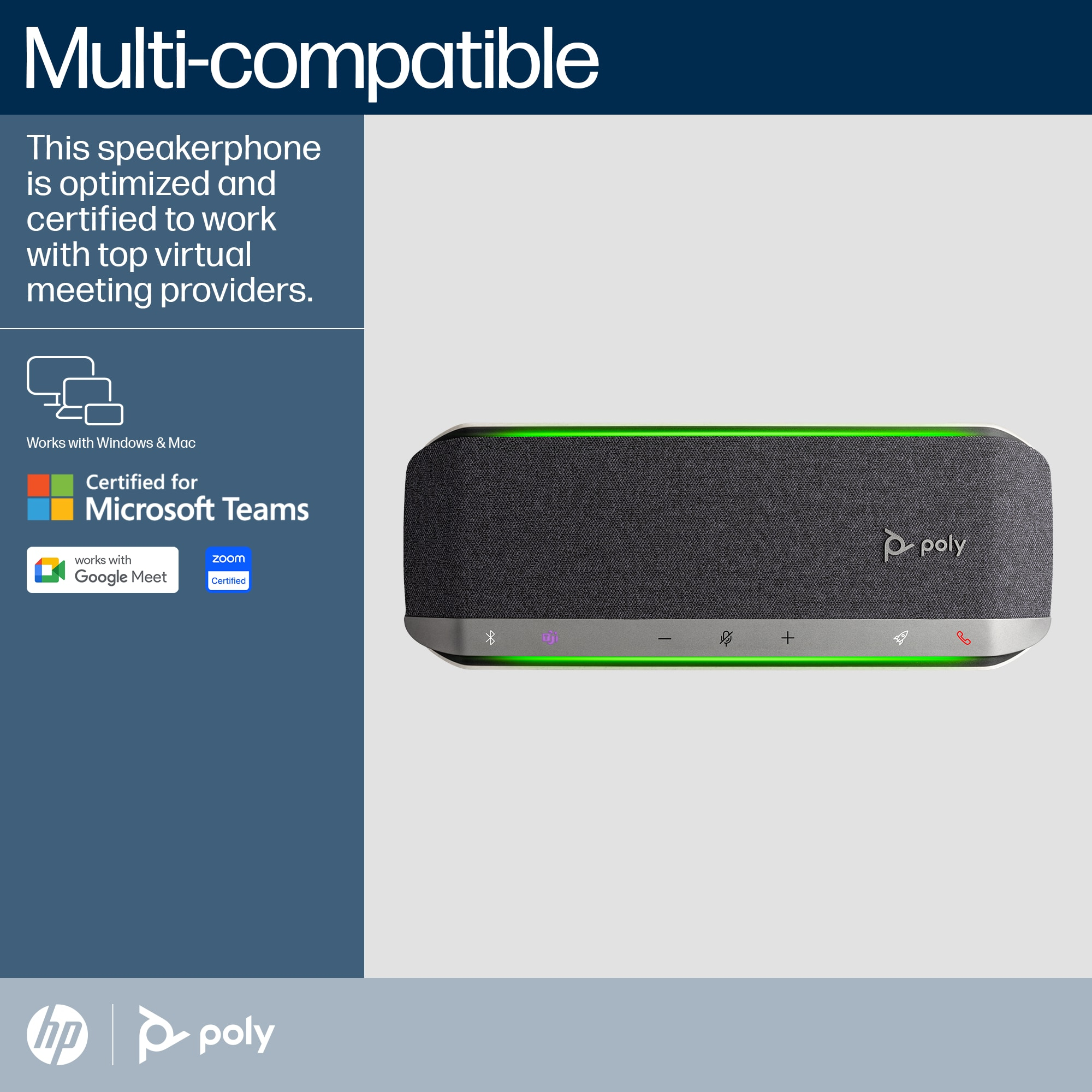 Un altavoz negro con detalles verdes. Tiene botones y el logotipo de Poly. El texto dice que es multicompatible.