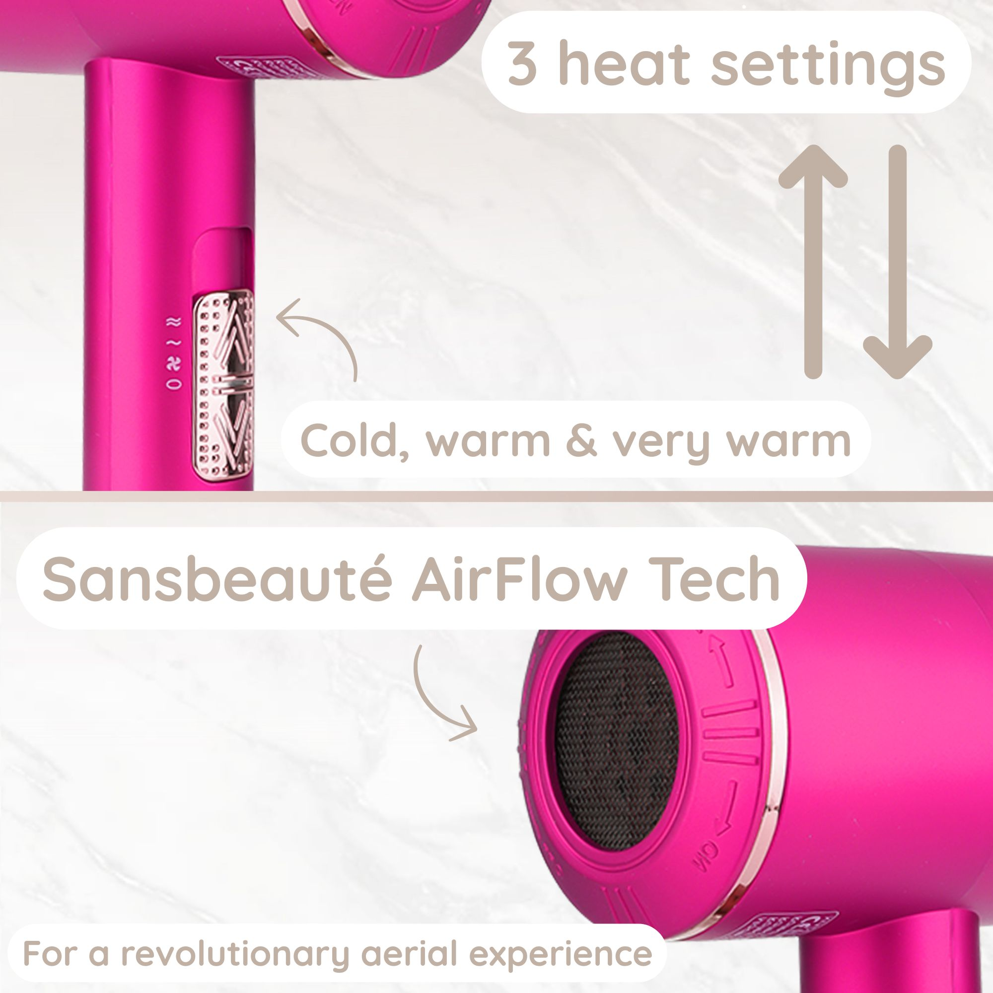 Roze föhn met 3 warmtestanden: koud, warm en zeer warm. Voorzien van Sansbeauté AirFlow Tech.