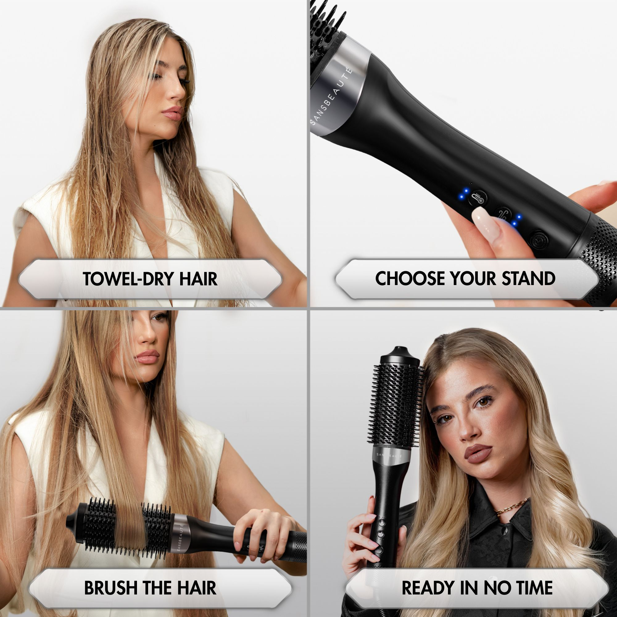 A woman demonstrates hair styling with a Sansbeaute brush. The steps are: towel-dry hair, choose stand, brush hair, and ready in no time.