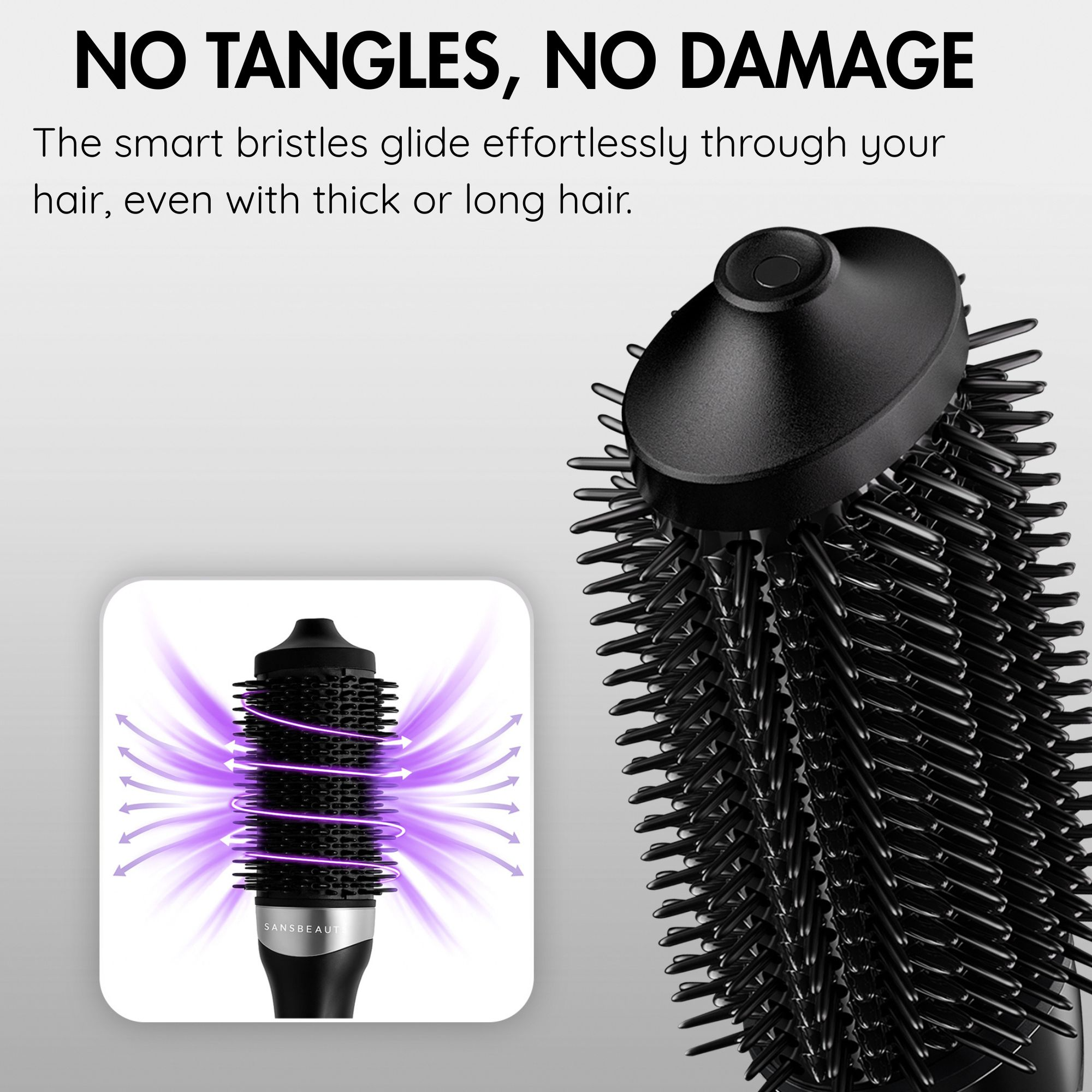 A black hairbrush with bristles, text at the top says 'NO TANGLES, NO DAMAGE'. A smaller image shows arrows.