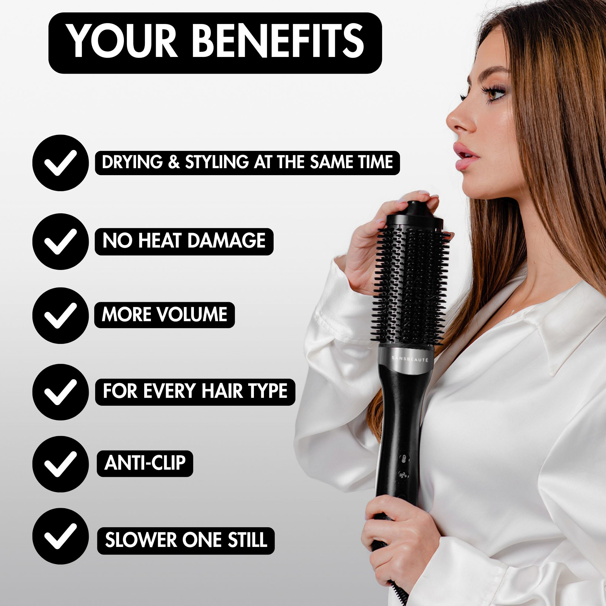 A woman holds a black hair styling tool. Text reads 'Your Benefits' with drying, styling, no heat damage, more volume, and anti-clip listed.