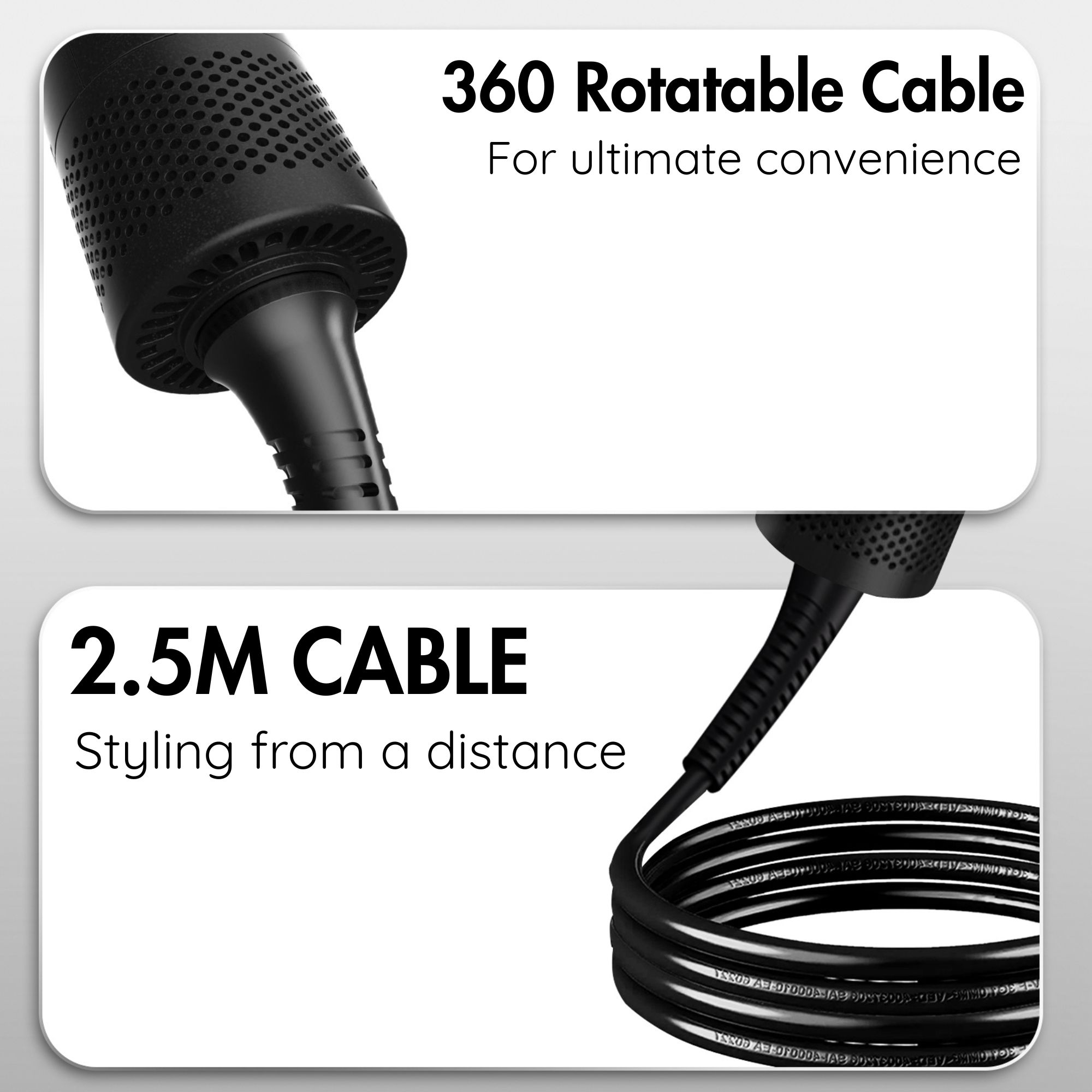 Black hairdryer parts shown. Top shows the head with holes, the bottom shows the cable. Text says 360 rotatable cable and 2.5M cable.