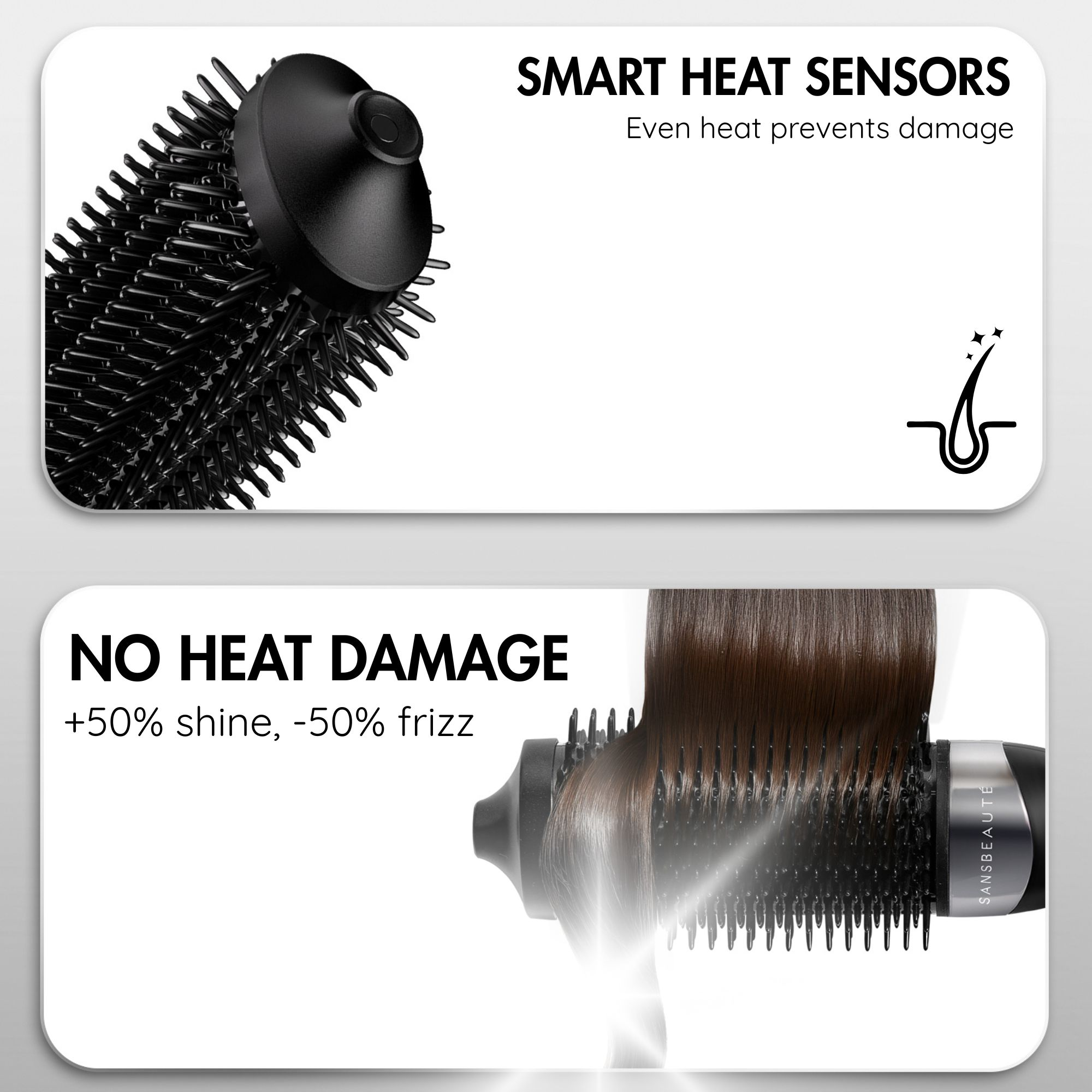Image shows a hair styling tool with text: 'No Heat Damage' and 'Smart Heat Sensors'. Hair is styled with the tool.