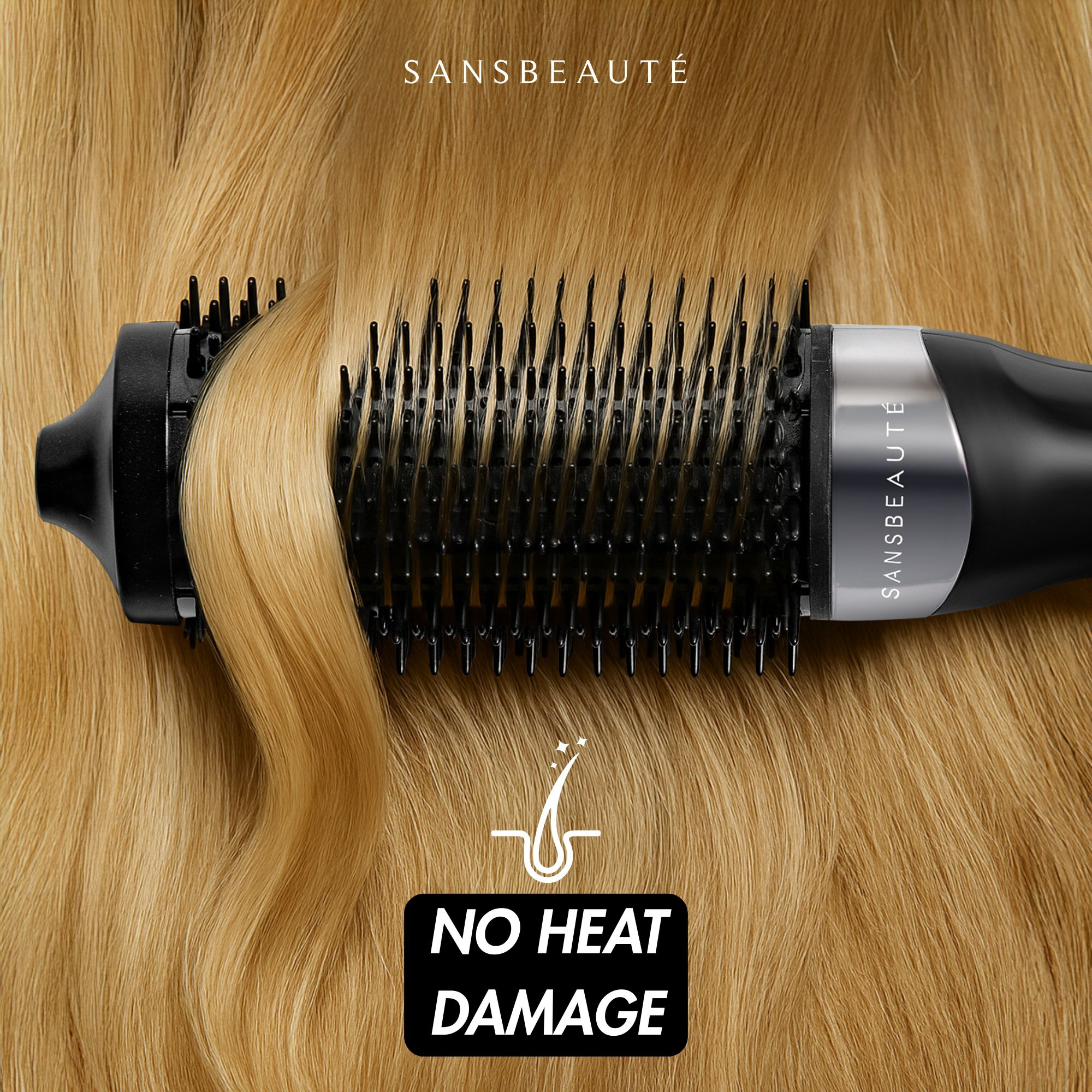Brosse à cheveux dans des cheveux blonds. La brosse est noire, avec le nom de la marque. Le texte dit 'Pas de dommages thermiques'.