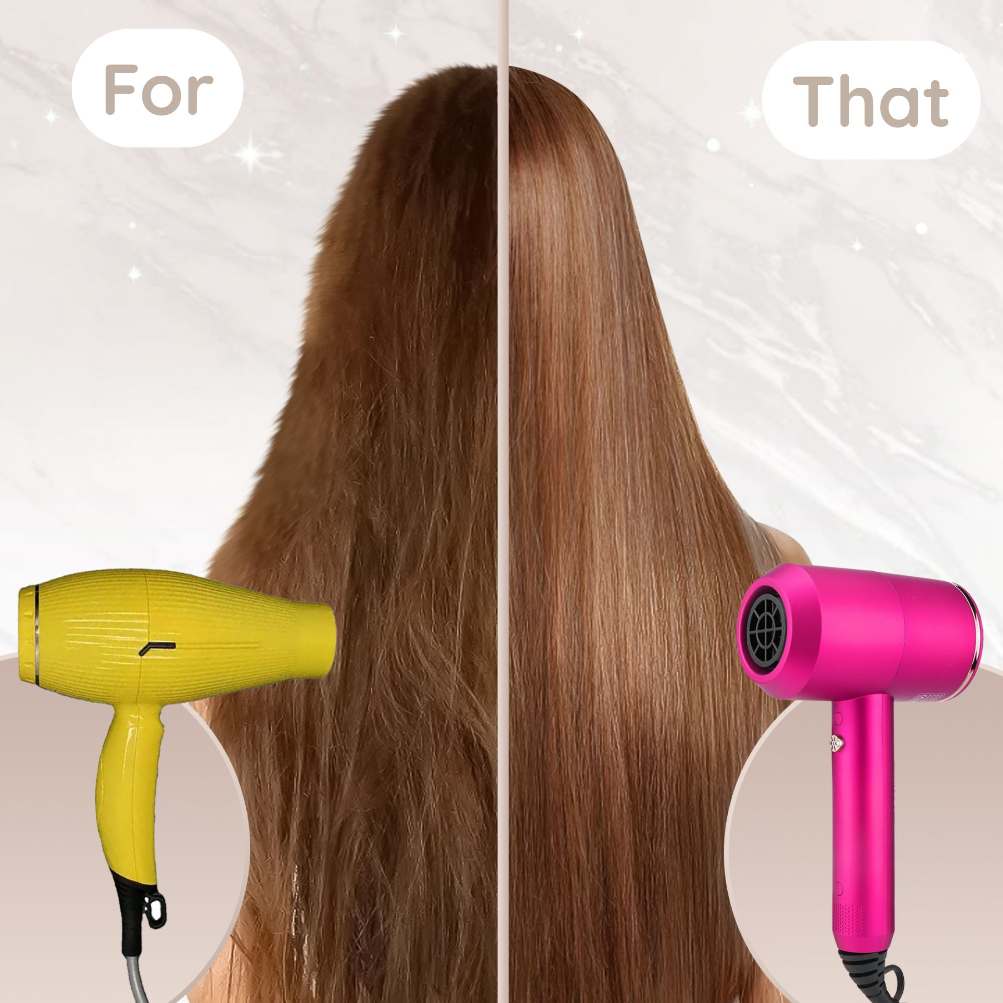 Haarvergelijking: links, ruw haar; rechts, glad haar. Aan weerszijden van het haar staat een gele en een roze föhn.