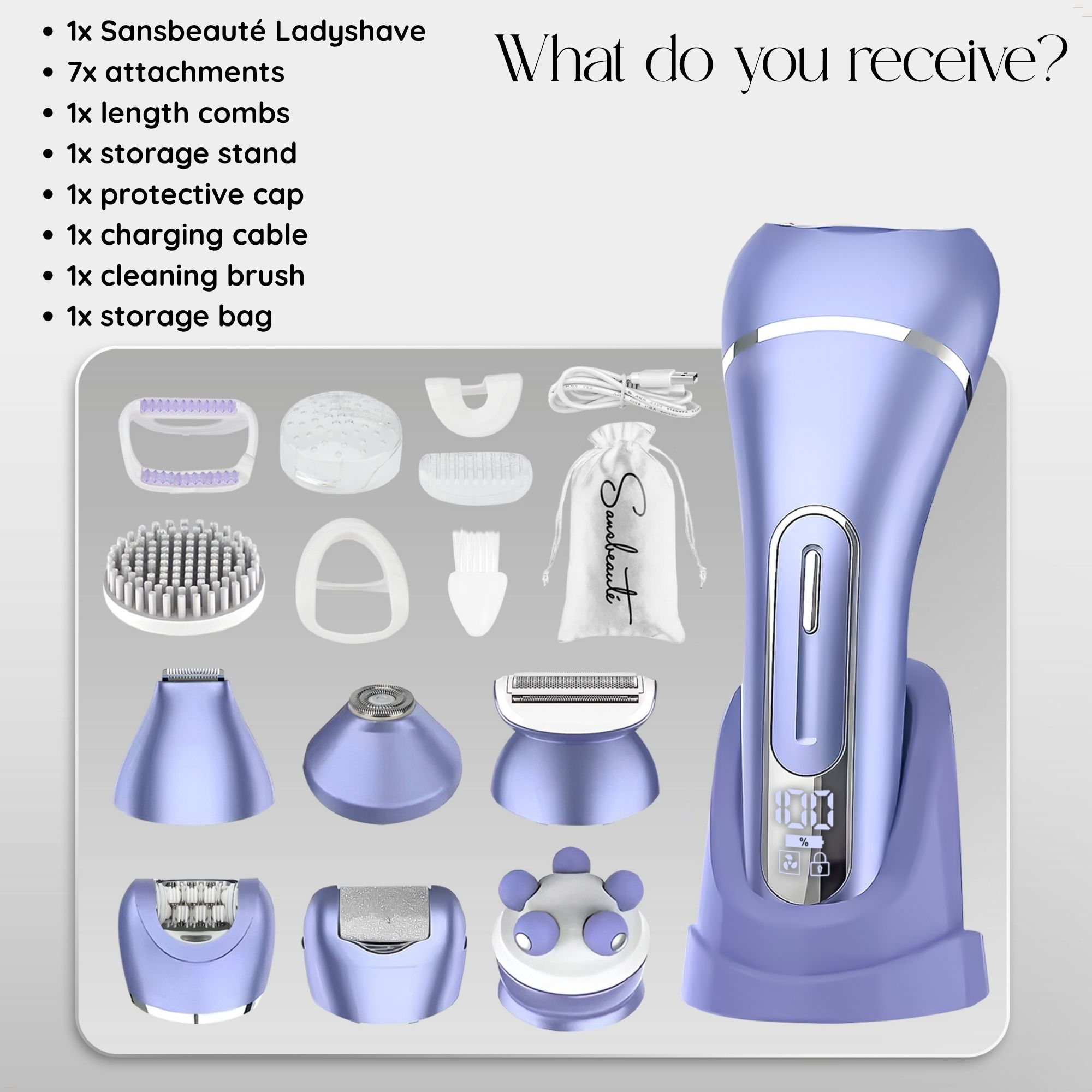 Das Bild zeigt ein Sansbeauté Ladyshave-Set. Enthält den Rasierer, Aufsätze, Ständer, Ladekabel, Reinigungsbürste und Aufbewahrungstasche.