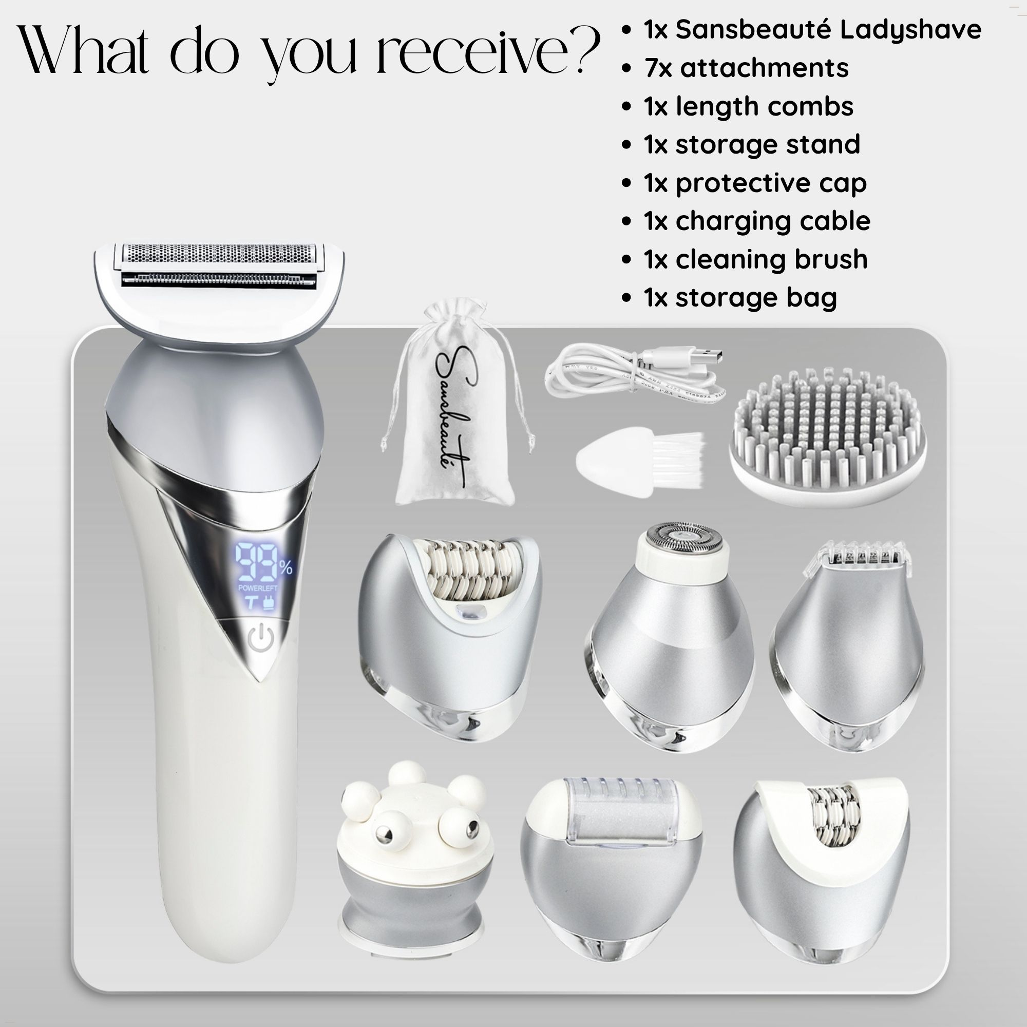 Das Bild zeigt einen Sansbeauté Ladyshave und Zubehör. Enthält eine Aufbewahrungstasche, Reinigungsbürste, Ladekabel, Längenkämme, Kappe und Ständer.