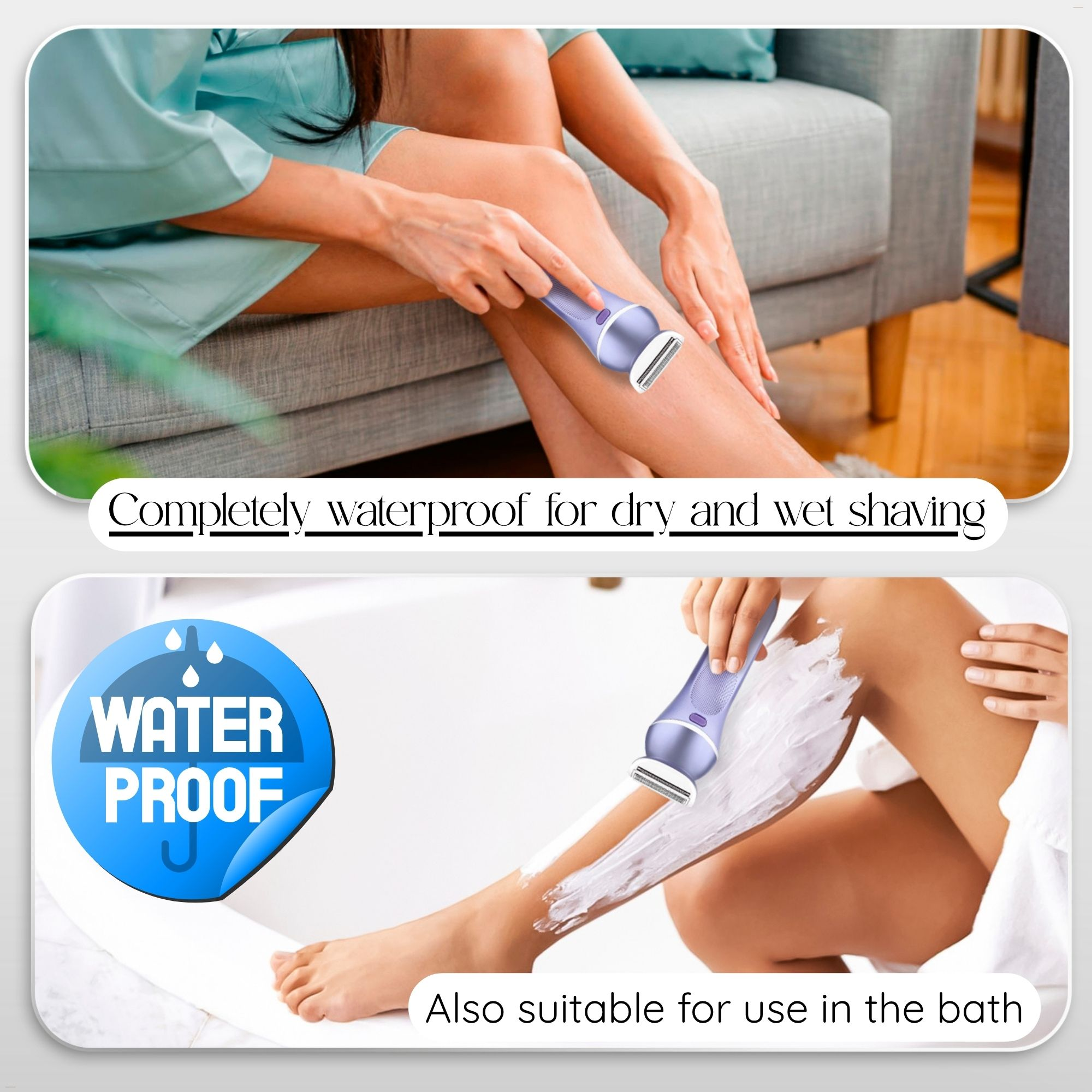 Das Bild zeigt eine Frau, die sich mit einem violetten Elektrorasierer die Beine rasiert. Der Text besagt, dass es wasserdicht ist und für die Badewanne geeignet ist.