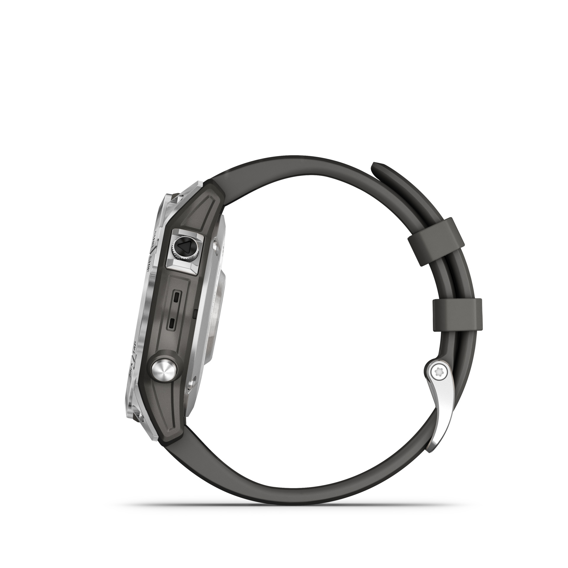 Seitenansicht einer grauen Smartwatch mit dunkelgrauem Armband. Die Uhr liegt auf weißem Untergrund.