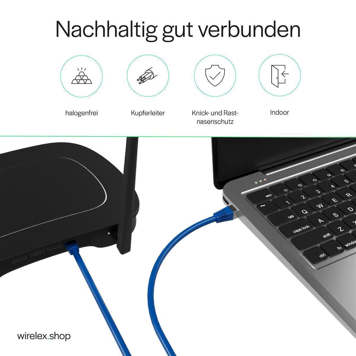 Ein Laptop ist über ein blaues Kabel mit einem schwarzen Router verbunden. Oben befinden sich Symbole. Text: Nachhaltig gut verbunden.