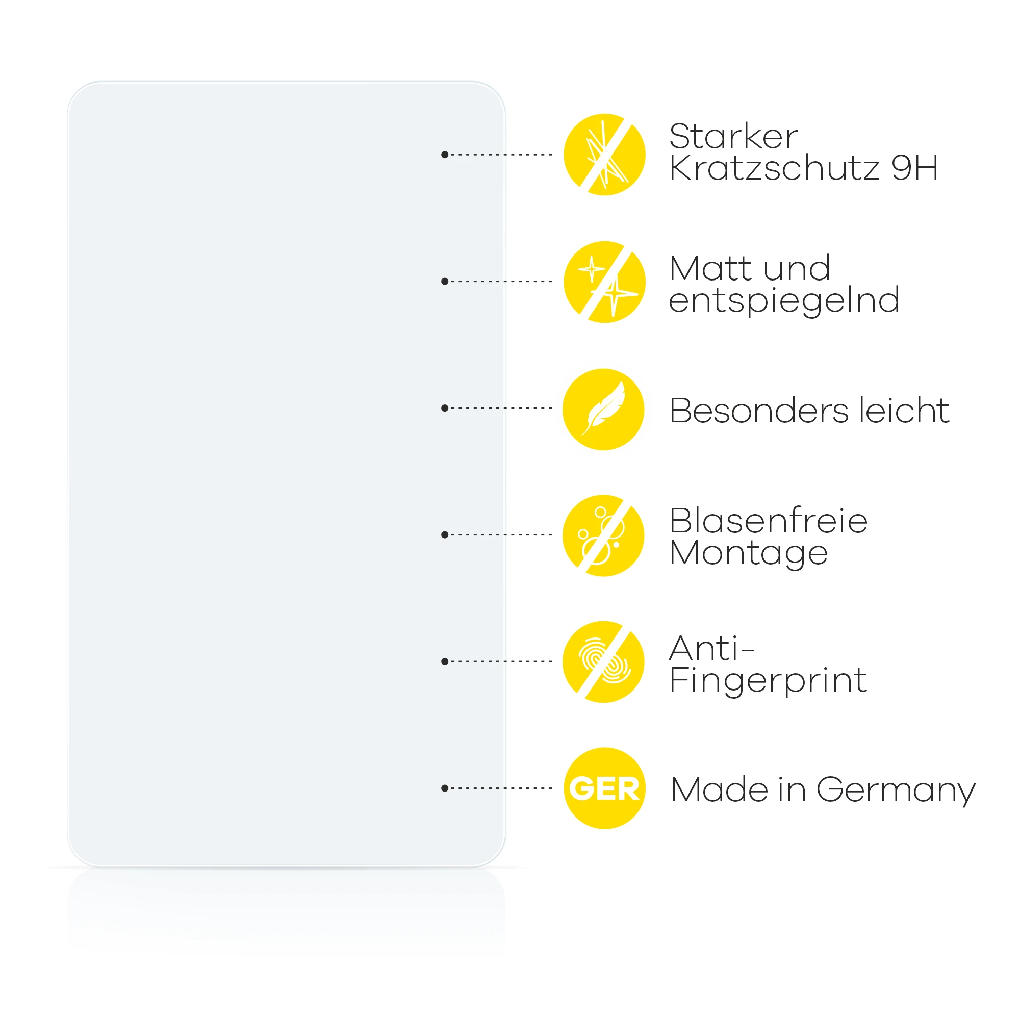 Ein Displayschutz mit Kratzschutz, Entspiegelung, geringem Gewicht, blasenfreier Montage, Fingerabdruckschutz und hergestellt in Deutschland.