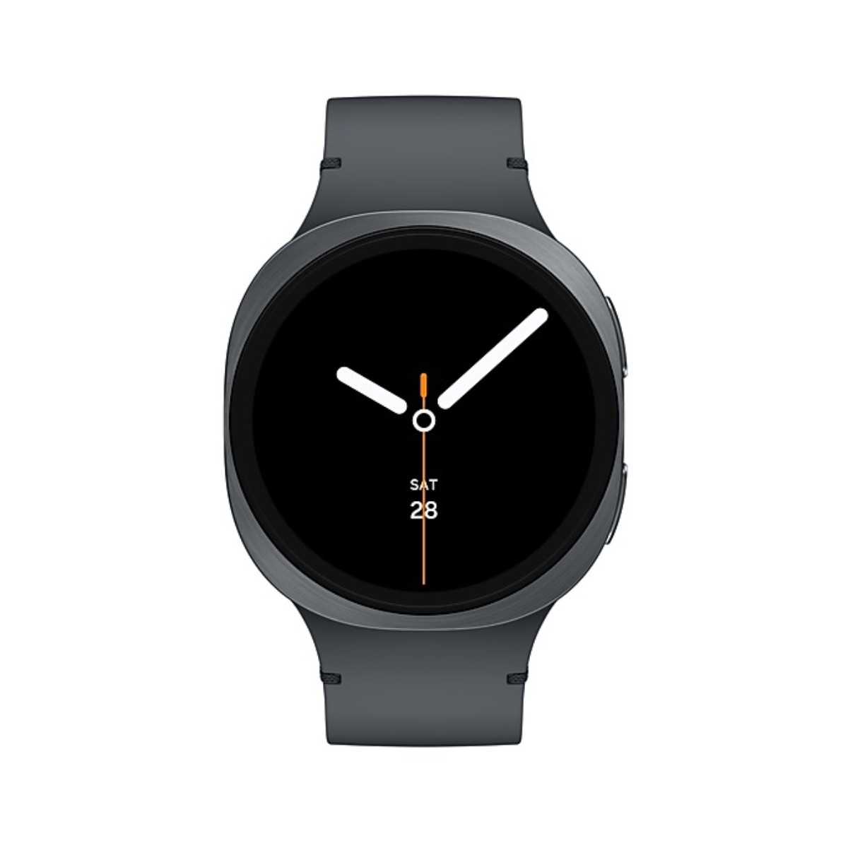 Een grijze smartwatch met een zwart cirkelvormig scherm met witte wijzers en oranje details. De datum is zaterdag 28.