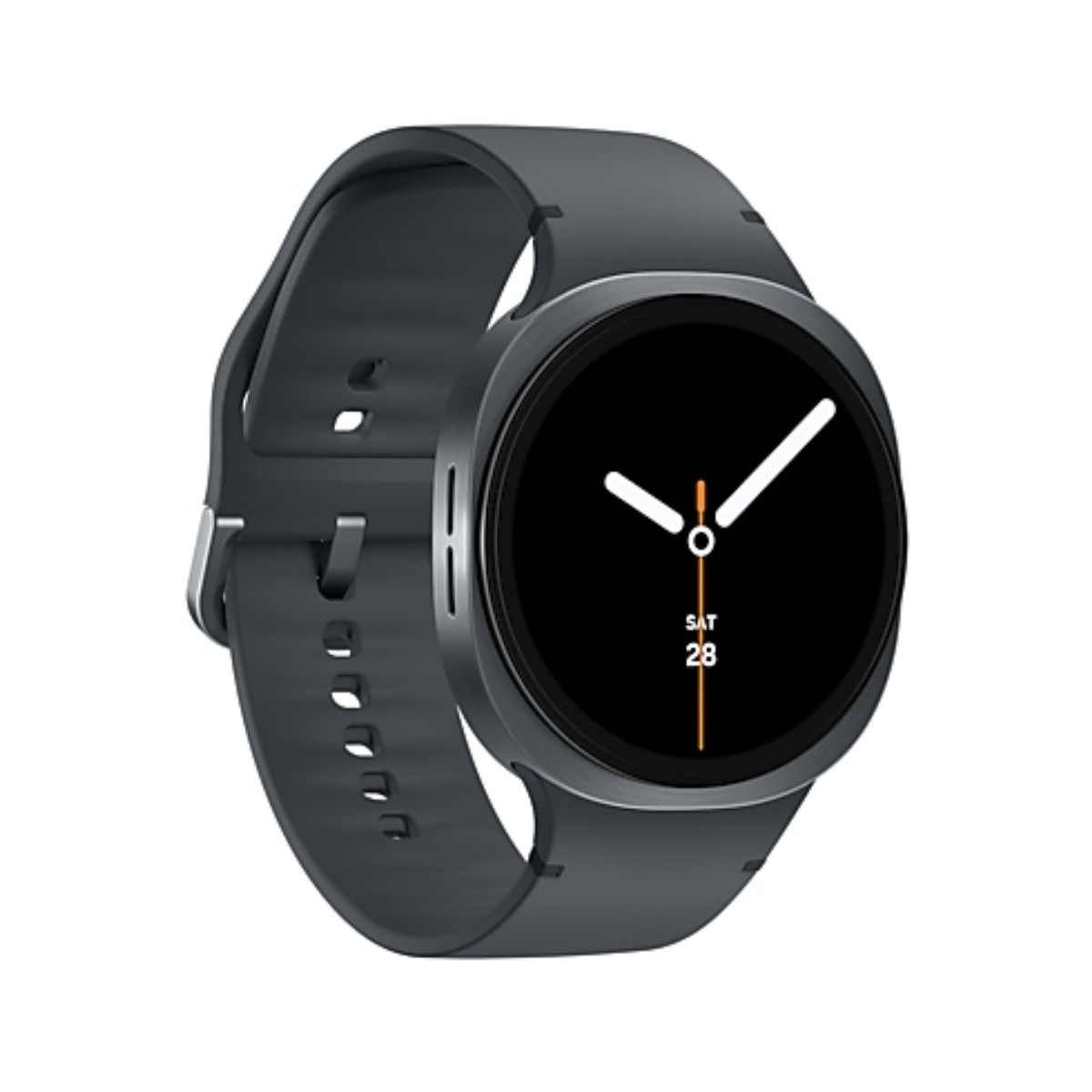 Een donkergrijze smartwatch met een zwart scherm dat de datum en tijd weergeeft. Het heeft een ronde wijzerplaat en een grijze band.