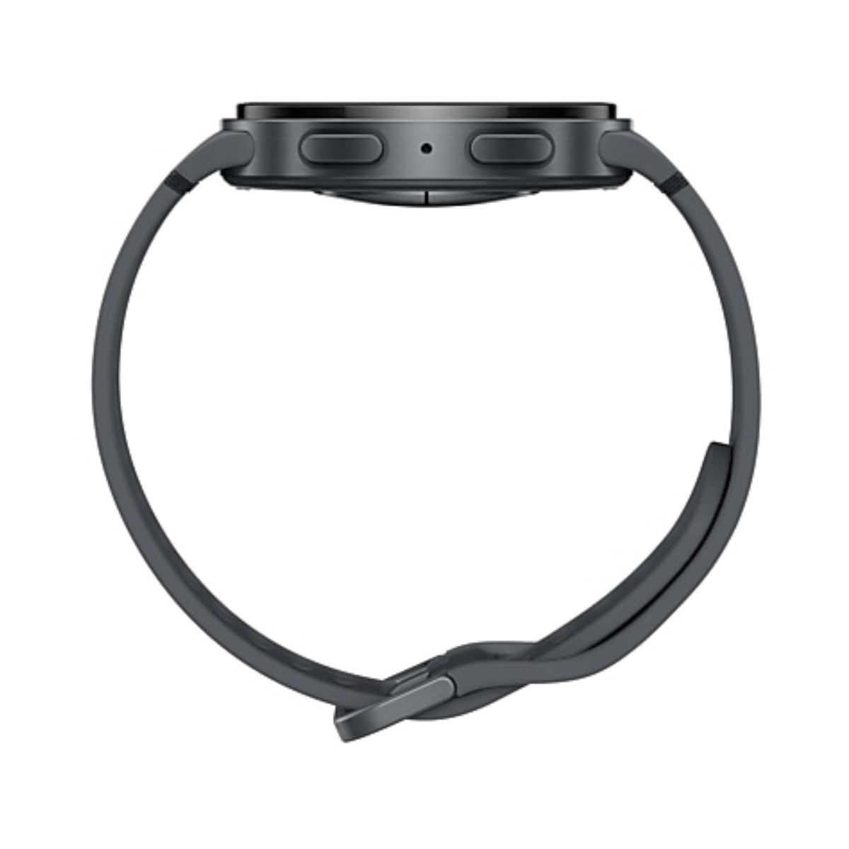 Een donkergrijze smartwatch met een ronde wijzerplaat en bijpassende band. De band is vastgemaakt met een metalen sluiting. Het horloge ligt op een witte achtergrond.