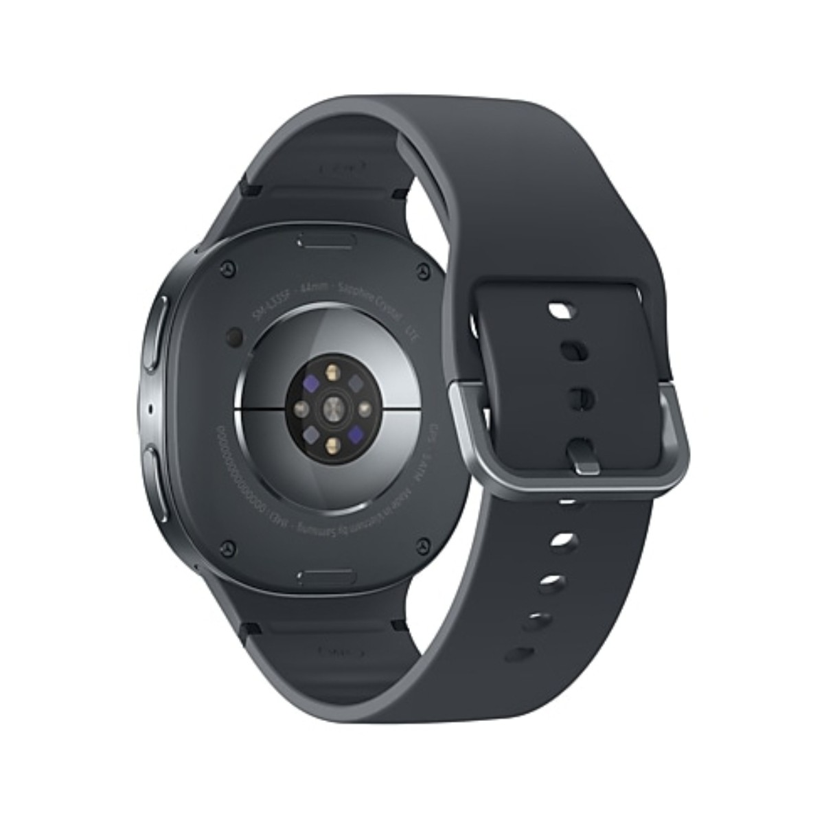 Een donkergrijze smartwatch met een zwarte band, de achterkant is zichtbaar en toont de sensoren en modeldetails. De band heeft een zilveren gesp.