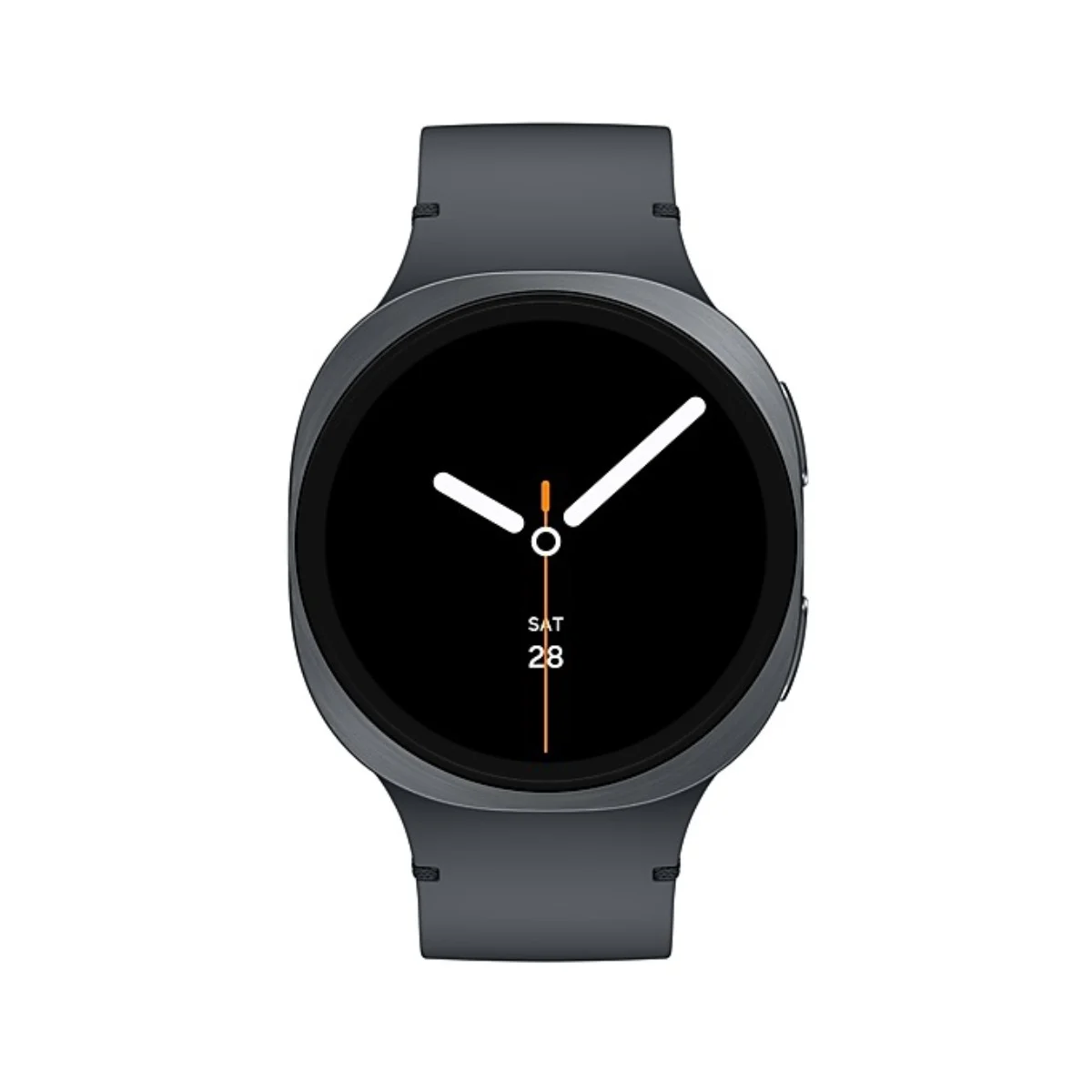 Uno smartwatch grigio scuro con schermo nero mostra l'ora con lancette bianche. La data è sabato 28.