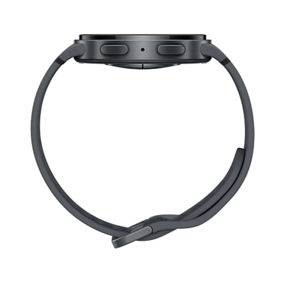 Vista laterale di uno smartwatch grigio scuro. L'orologio ha un quadrante rotondo con due pulsanti e un cinturino che forma un anello.