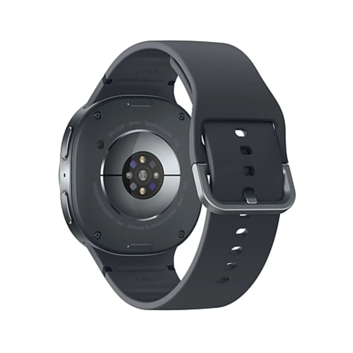 Vista posteriore di uno smartwatch grigio scuro con cinturino nero. L'orologio ha un sensore di frequenza cardiaca e informazioni sul modello sul retro.