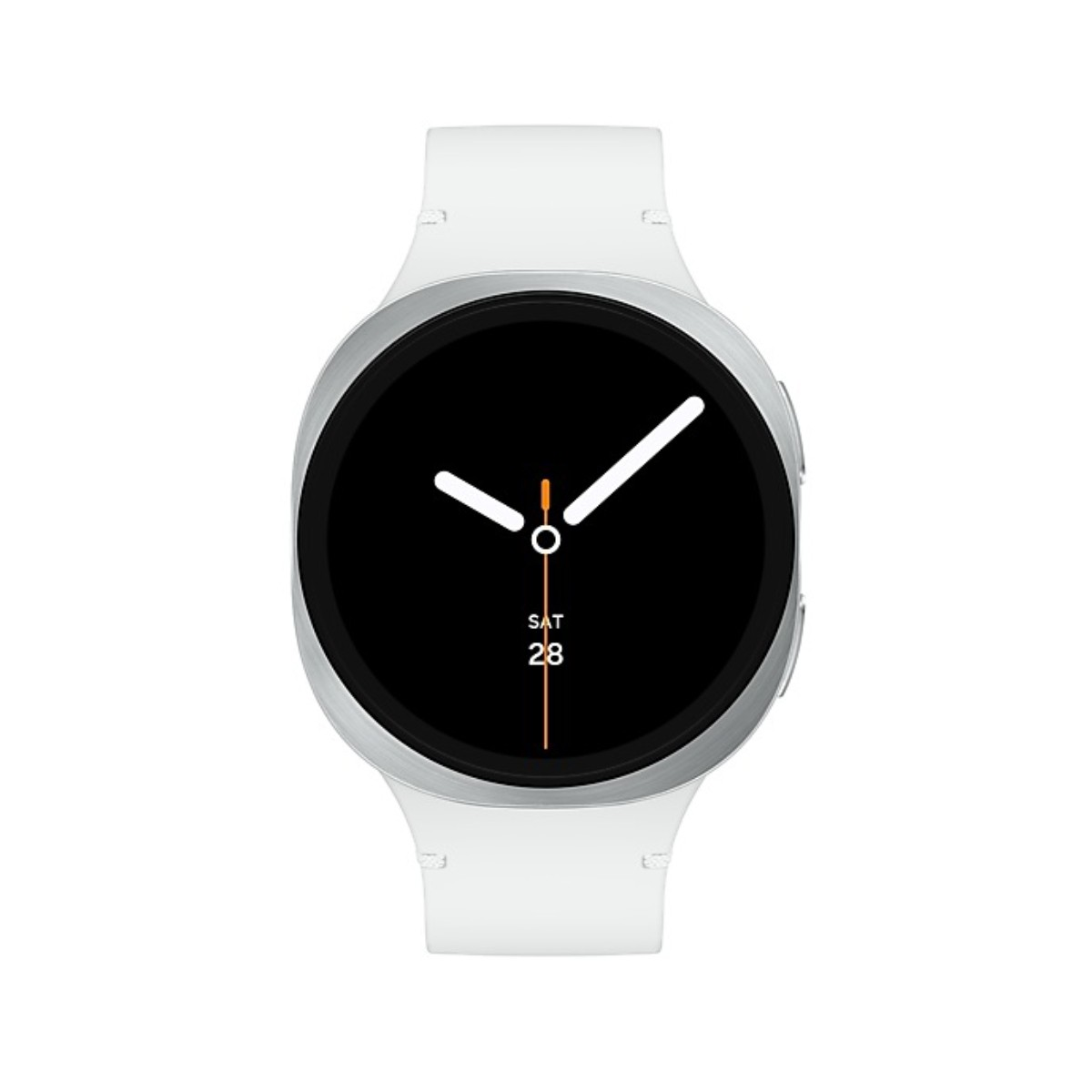 Een witte smartwatch met een zwart scherm dat de tijd en datum weergeeft. Het horloge heeft witte bandjes en een zilveren rand.
