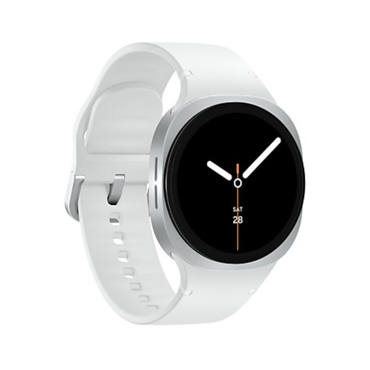 Een witte smartwatch met een zwart scherm waarop de datum staat. Het horloge heeft een zilveren rand en witte bandjes.