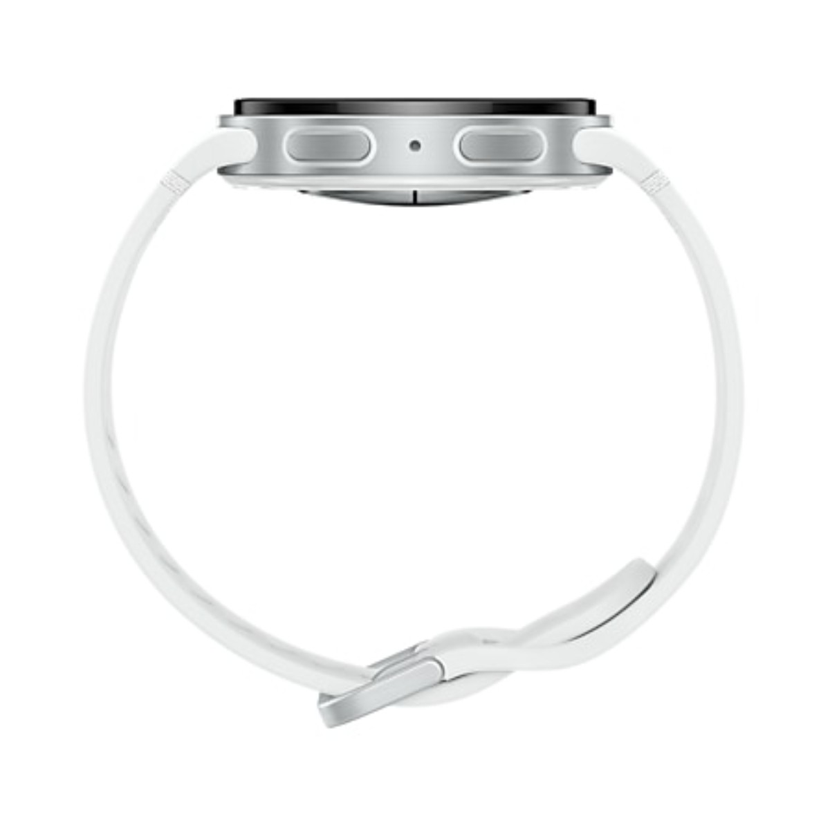 Een zilveren smartwatch met een witte band wordt getoond. De wijzerplaat is zwart. De band is gebogen en vastgemaakt met een metalen sluiting.