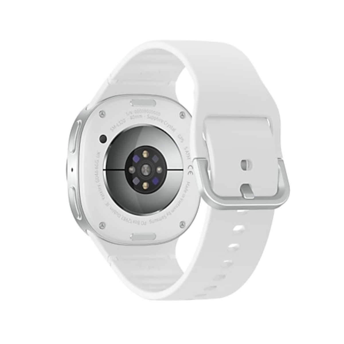 Een witte smartwatch met witte band, zilveren gesp en zwarte sensor aan de achterkant. Details: 'SM-L520' en 'Sapphire Crystal'.
