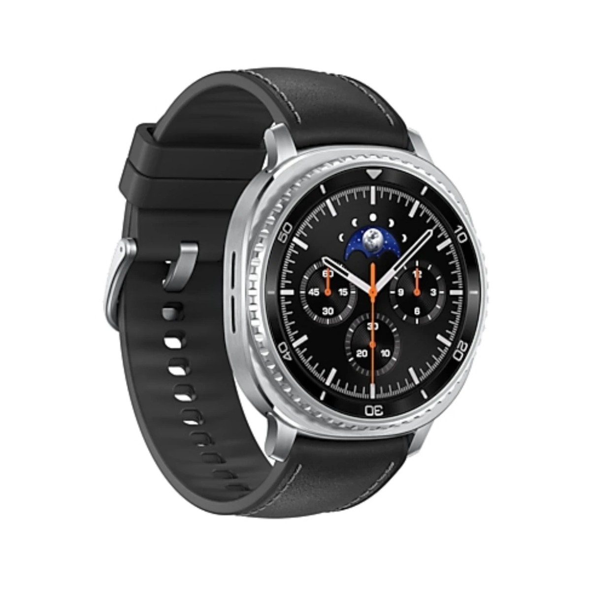Un reloj inteligente negro con bisel plateado, correa negra y esfera oscura. El reloj muestra la hora y otra información.