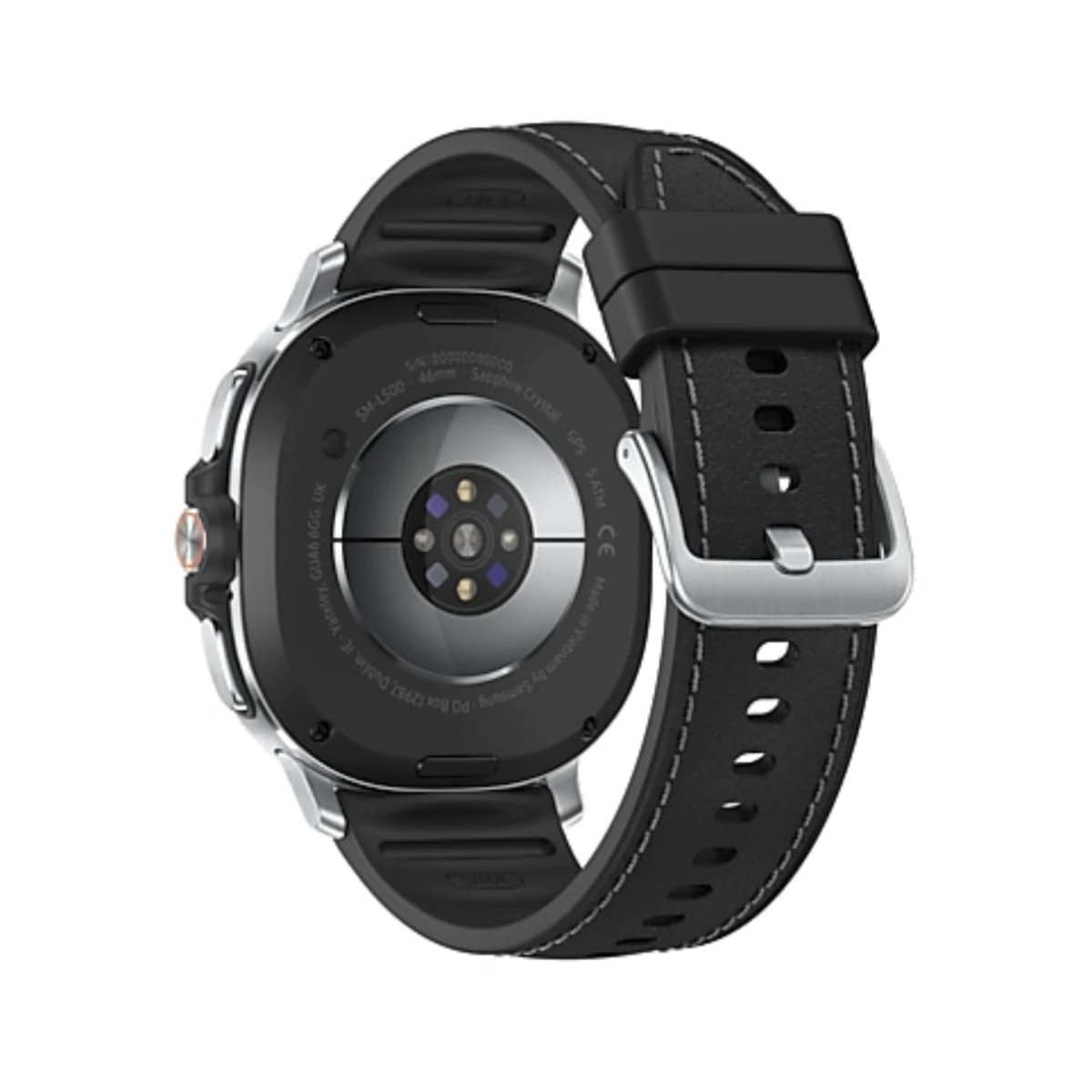 Un reloj inteligente negro con bisel plateado y correa negra. El reloj es detallado y muestra la parte trasera con texto y sensores.