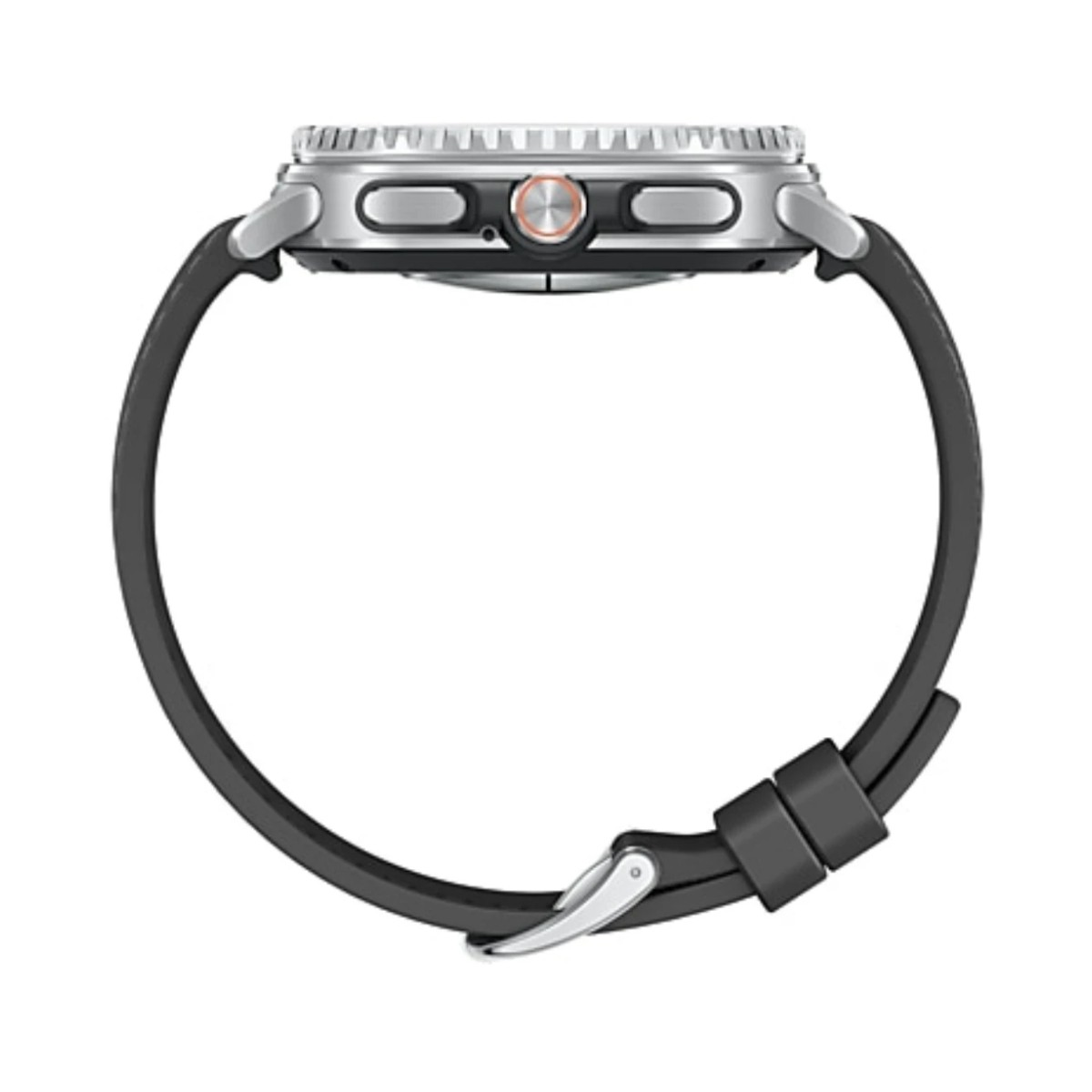 Vista lateral de un reloj inteligente plateado con una correa negra. La correa está curvada, conectada a la caja del reloj con correas negras.