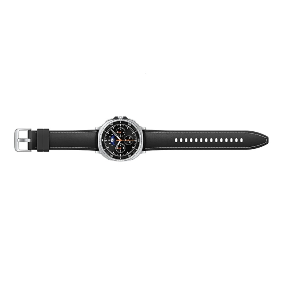 Un reloj inteligente plateado con correa de cuero negro, mostrando la esfera. El fondo es blanco.