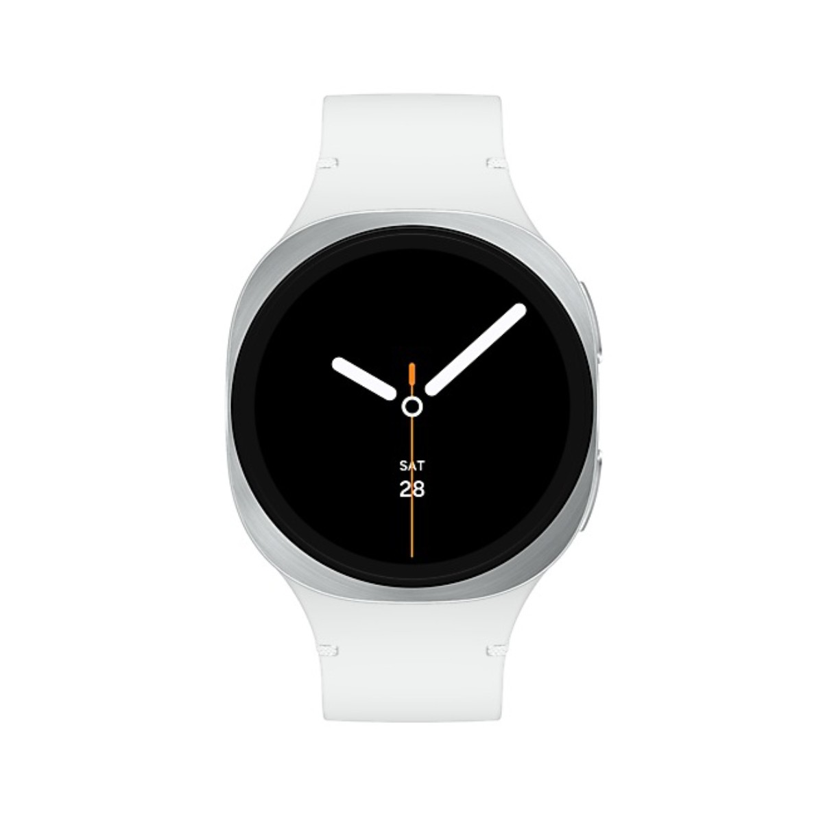 Uno smartwatch bianco con display nero che mostra ora e data. L'orologio ha una lunetta argentata e cinturini bianchi.