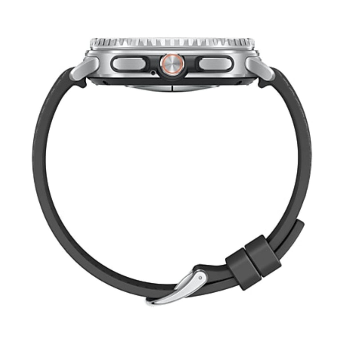 Vista laterale di uno smartwatch. Ha una cassa argentata, un cinturino nero e una fibbia argentata. L'orologio è su sfondo bianco.