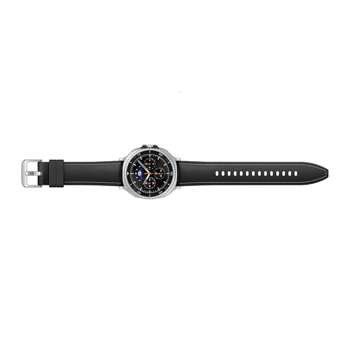 Uno smartwatch nero con lunetta argentata e cinturino in pelle nera è mostrato orizzontalmente su sfondo bianco. Il quadrante è nero.