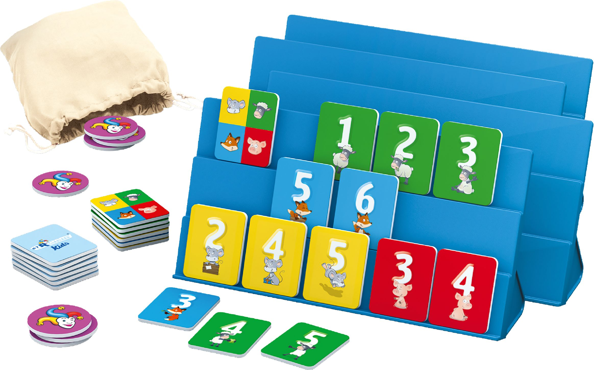 Kinderspiel mit Zahlen und Tieren. Enthält Karten, Chips und einen blauen Ständer. Auf der linken Seite befindet sich ein beiger Beutel.