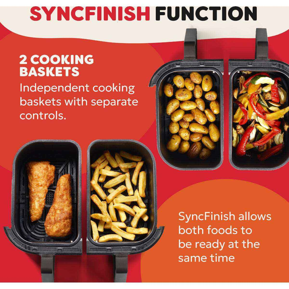 Eine Heißluftfritteuse mit 4 Körben. Zwei enthalten Lebensmittel: Kartoffeln, Pommes, Hähnchen und Gemüse. Text sagt SyncFinish.