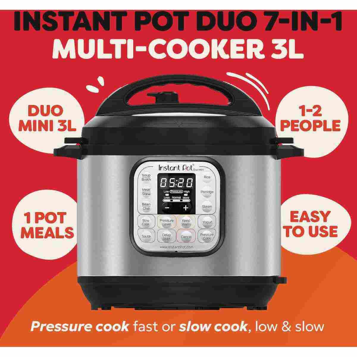 Multicooker Instant Pot Duo. Jest srebrny i czarny. Tekst brzmi: Duo Mini, 1 danie w garnku, 1-2 osoby i Łatwy w użyciu.