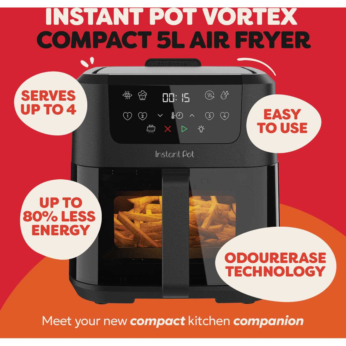 Zwarte Instant Pot airfryer met frietjes erin. Rode en witte tekst benadrukt kenmerken: gemakkelijk te gebruiken, minder energie, OdourErase.