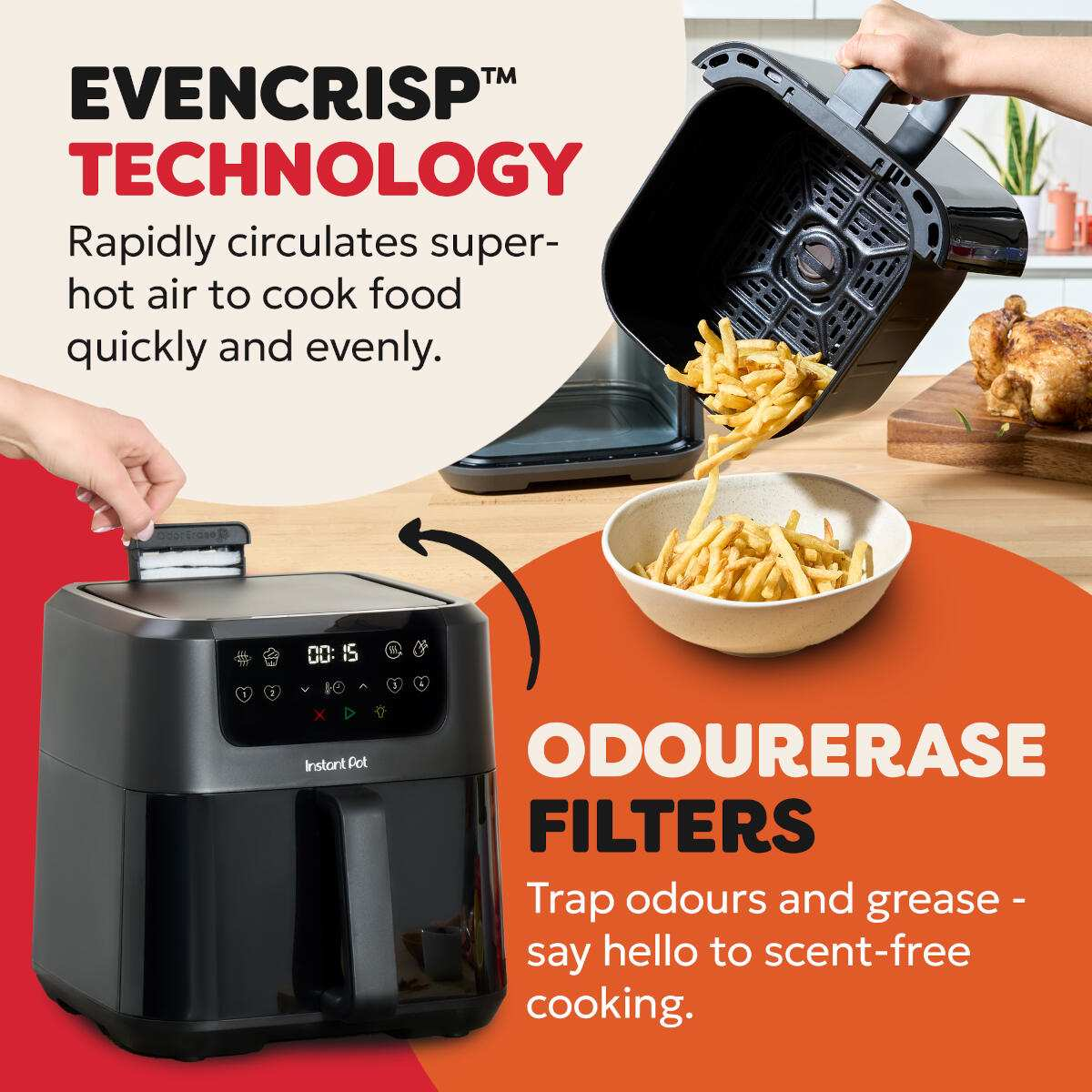 Een airfryer met frietjes die in een kom worden gegoten. Tekst toont de technologie en filters. Een kip is zichtbaar op de achtergrond.